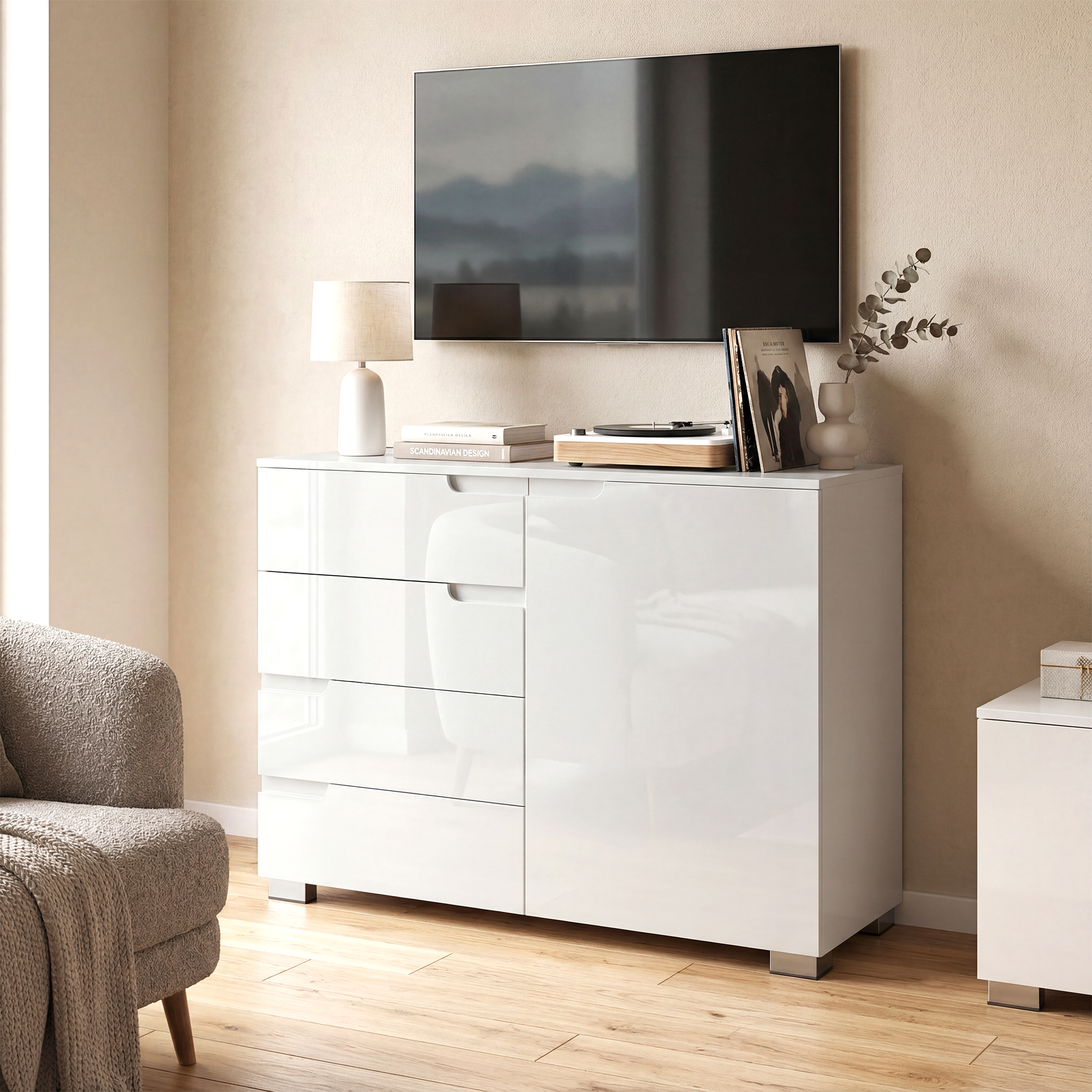 Kommode mit 4 Schubladen Sideboard mit 1 Tür, Verstellbarem Einlegeboden, für Wohnzimmer, Schlafzimmer 100 x 40 x 80 cm