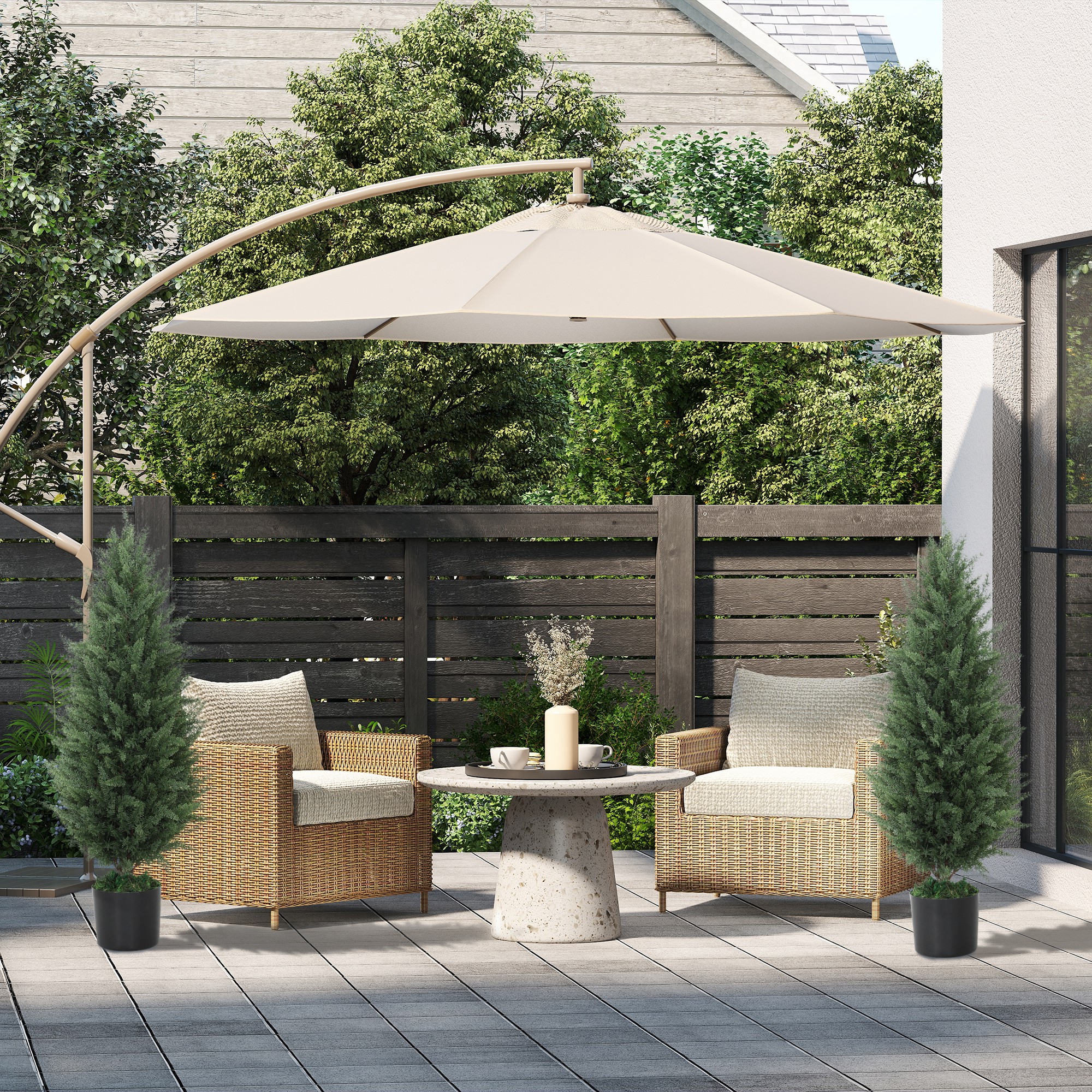 2er-Set Künstliche Zypressen, Kunstbäume mit 831 Blättern, mit Zementtopf, UV-beständig, Kunstpflanze, 90 cm, Grün