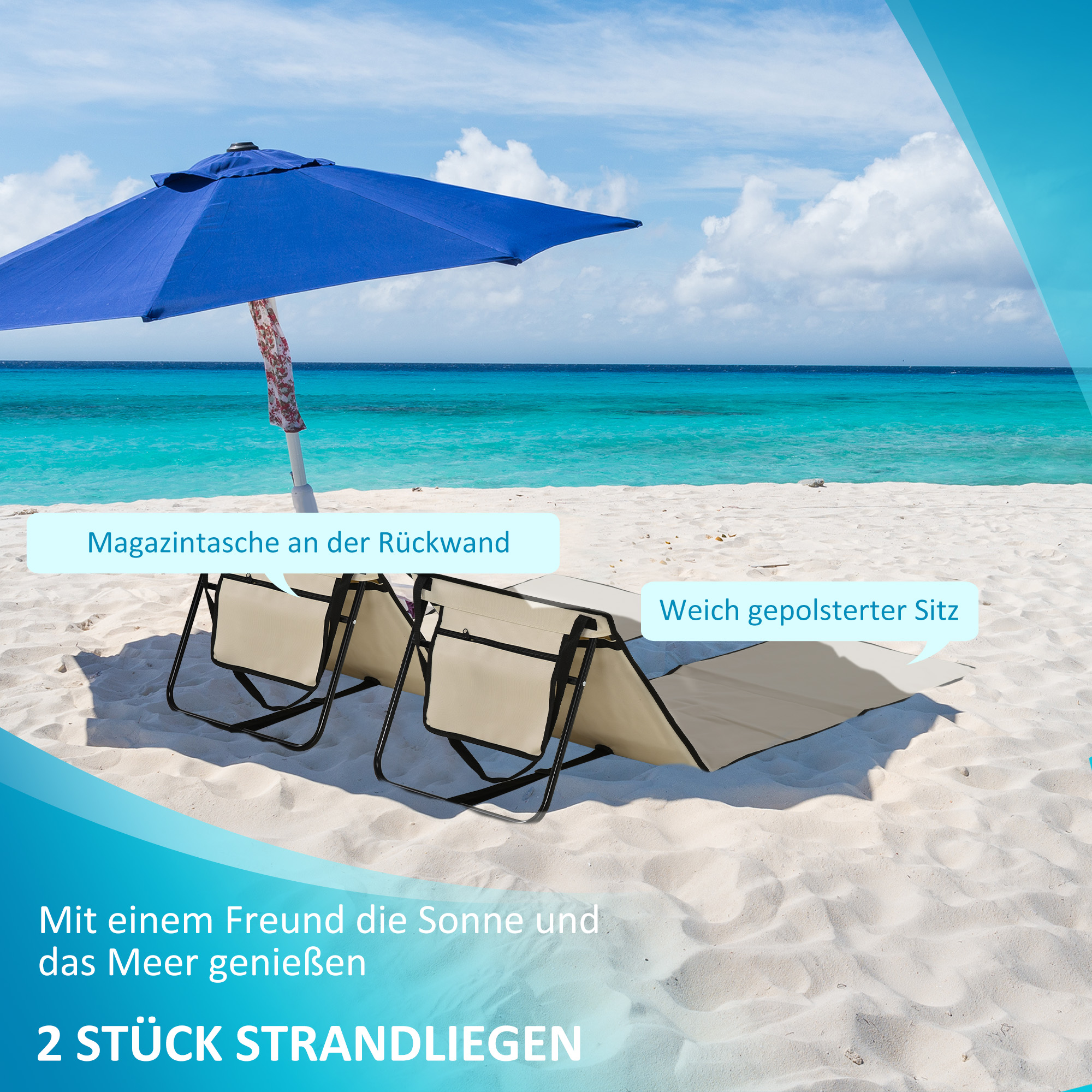 Strandliege, klappbar, verstellbare Rücklehne, Seitentasche, weiche Polsterung, Stahlrahmen, Beige, 142x51x40cm
