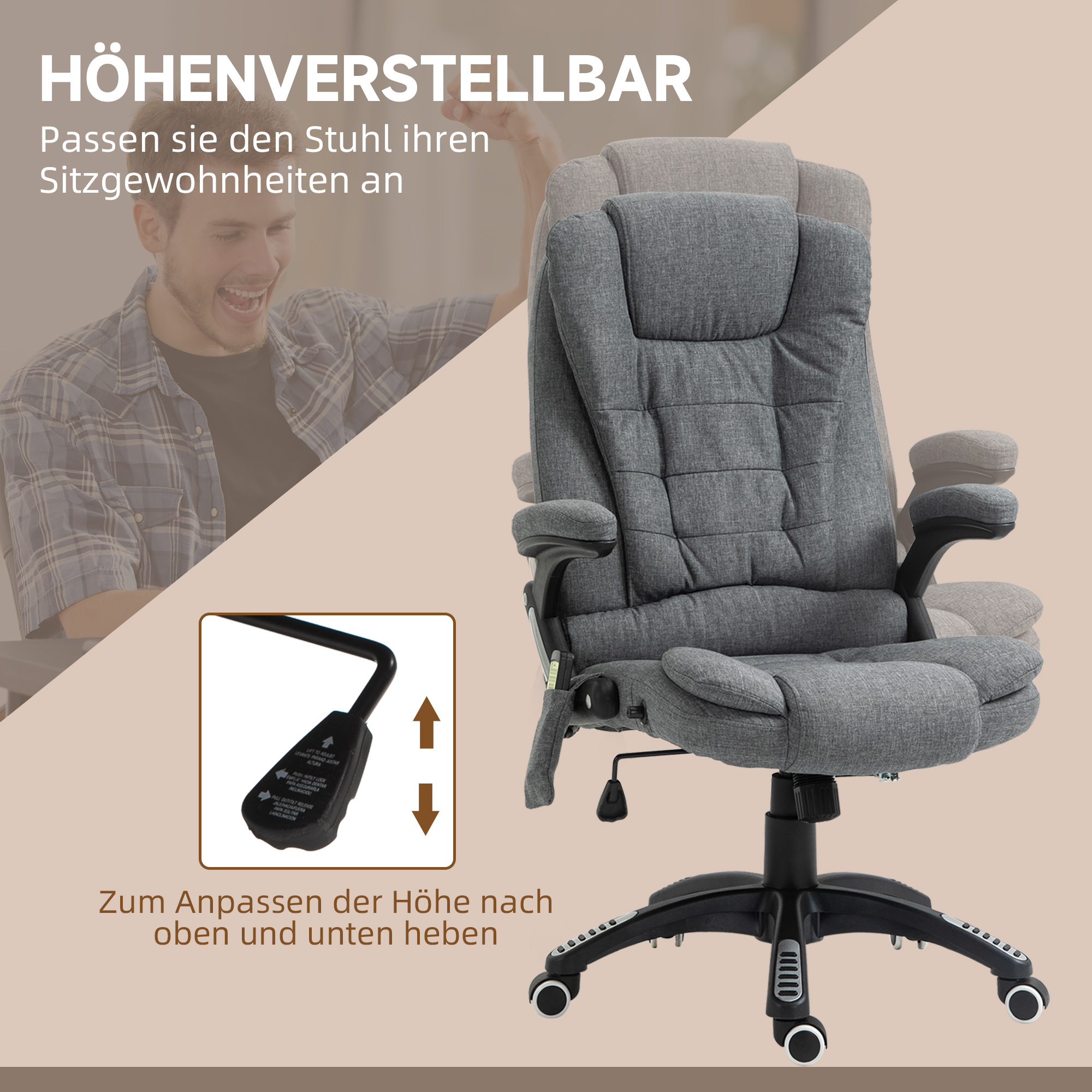 Bürostuhl  Massagesessel mit Wärmefunktion, Ergonomischer Chefsessel, Höhenverstellbarer Drehstuhl, Gamingstuhl mit Massage, Dunkelgrau, 68 x 72 x 110-120 cm