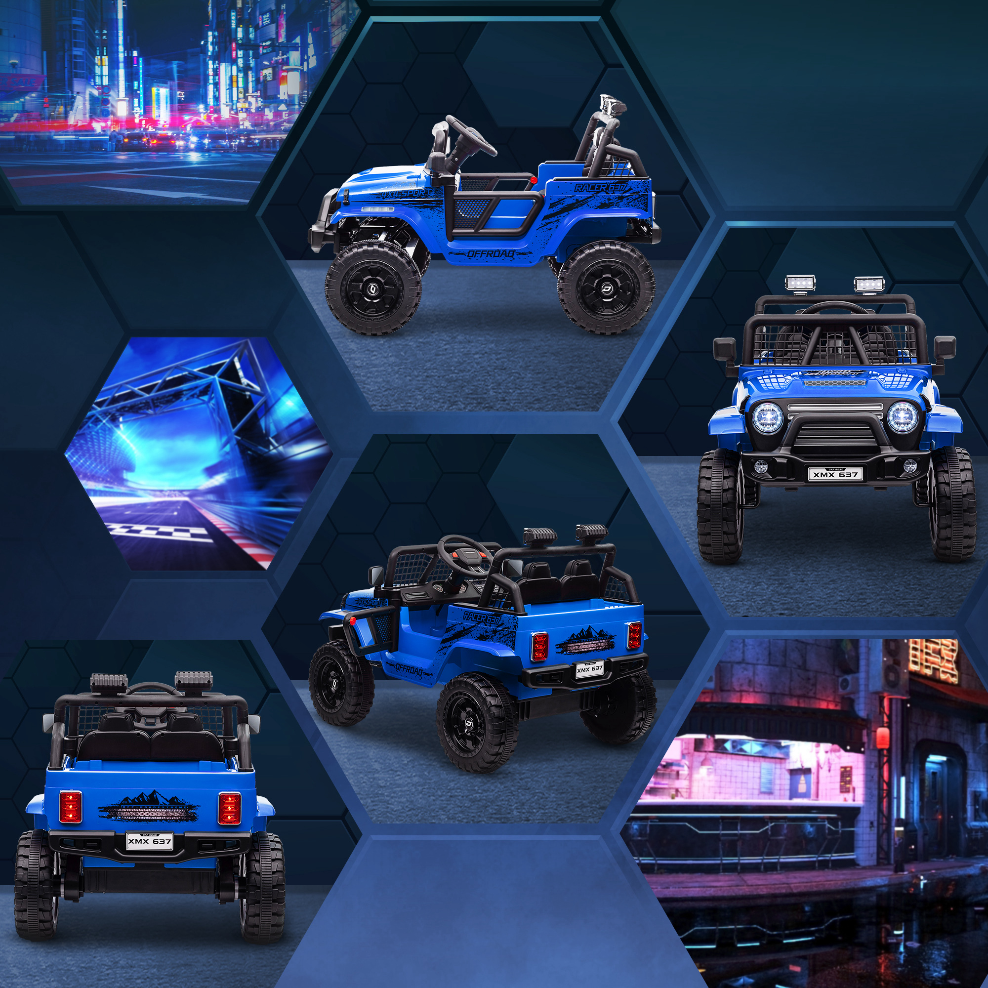 Kinder-Elektroauto mit sanfter Federung, fernsteuerbar, LED-Lichter, Hupe, 12V-Motoren, aus Kunststoff und Metall, Blau