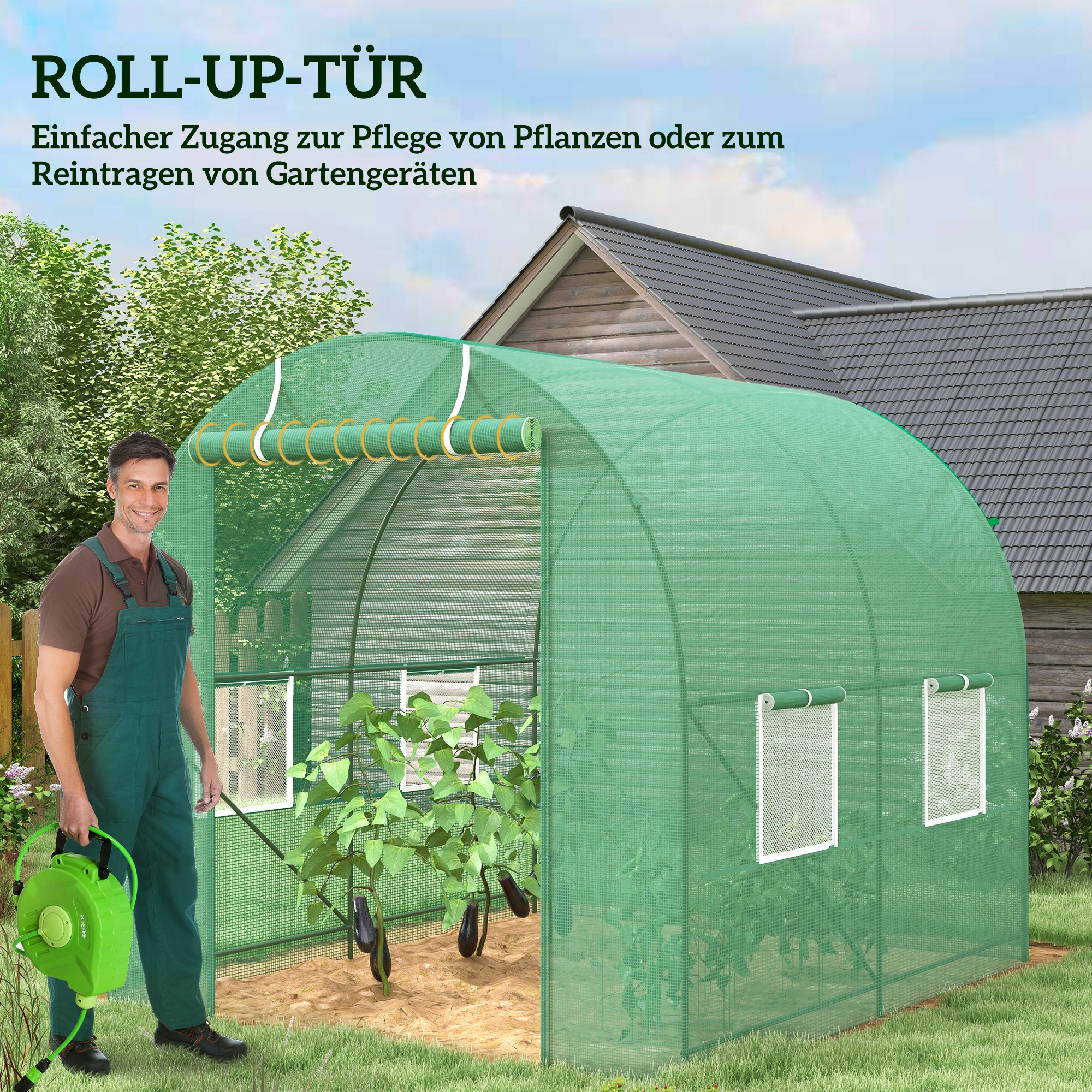 Gewächshaus 245x200x198cm Foliengewächshaus Tomatenhaus mit Tür, 4 Fenster, Folientunnel aus verzinktem Stahl, PE, stabiles Treibhaus Pflanztunnel, inkl. Erdanker & Seilen, Grün