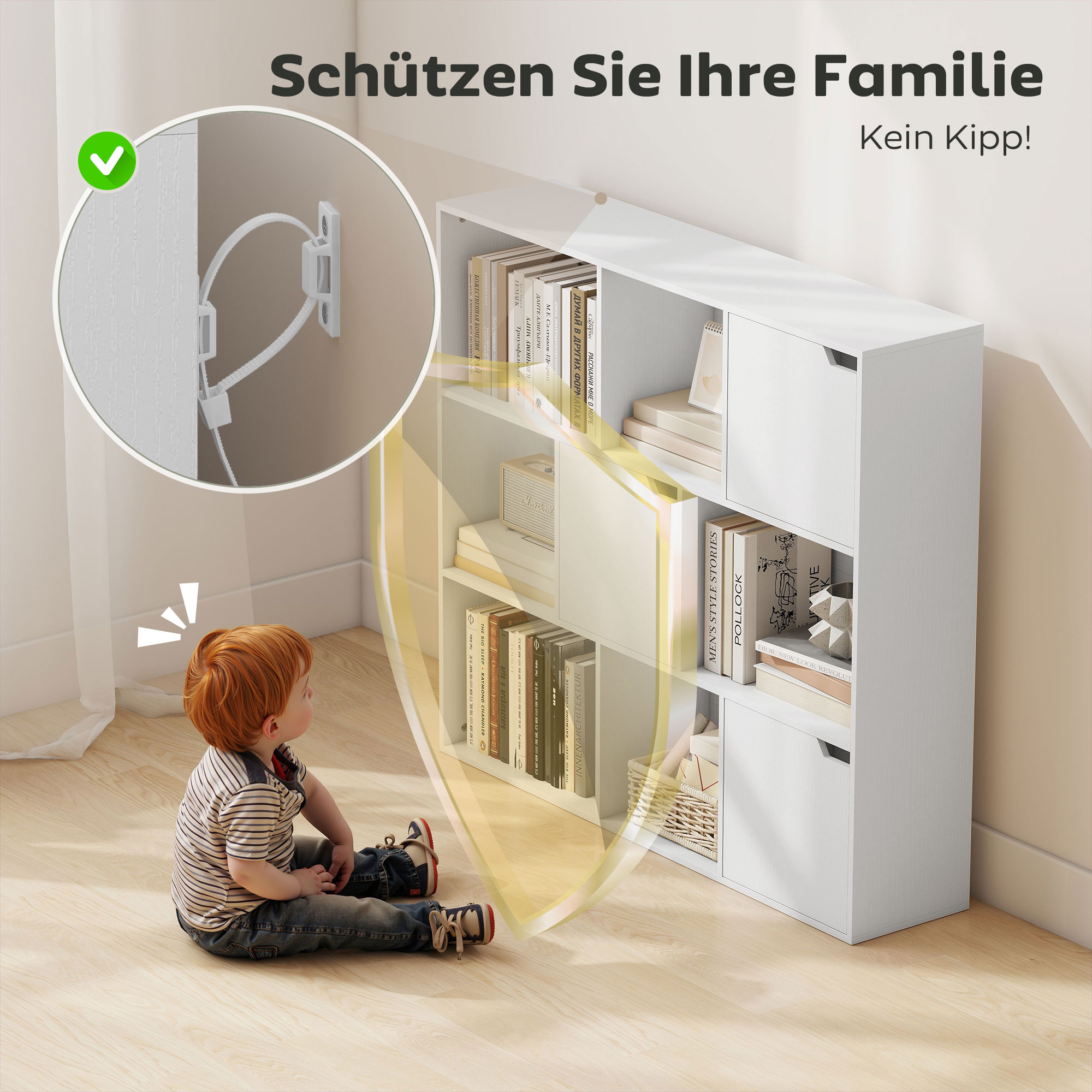 Bücherregal, 9 Würfelfächer, 3 Türen, 6 offene Regale, für Wohnzimmer, Schlafzimmer, Spanplatte, Weiß