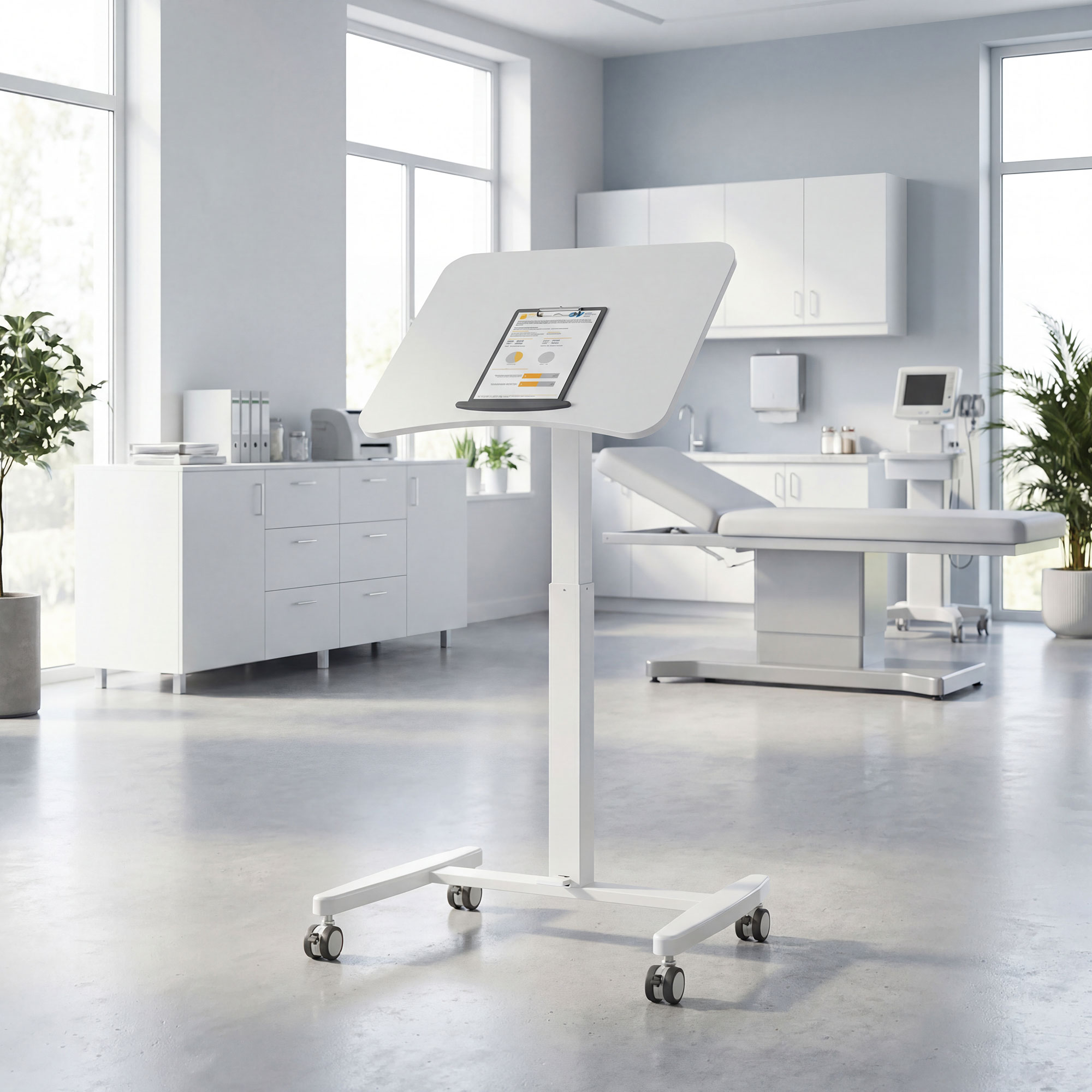 Höhenverstellbarer Stehschreibtisch, Rollbarer Schreibtisch mit neigbarer Tischplatte, Sicherheitsstopper, Rollen, Weiß