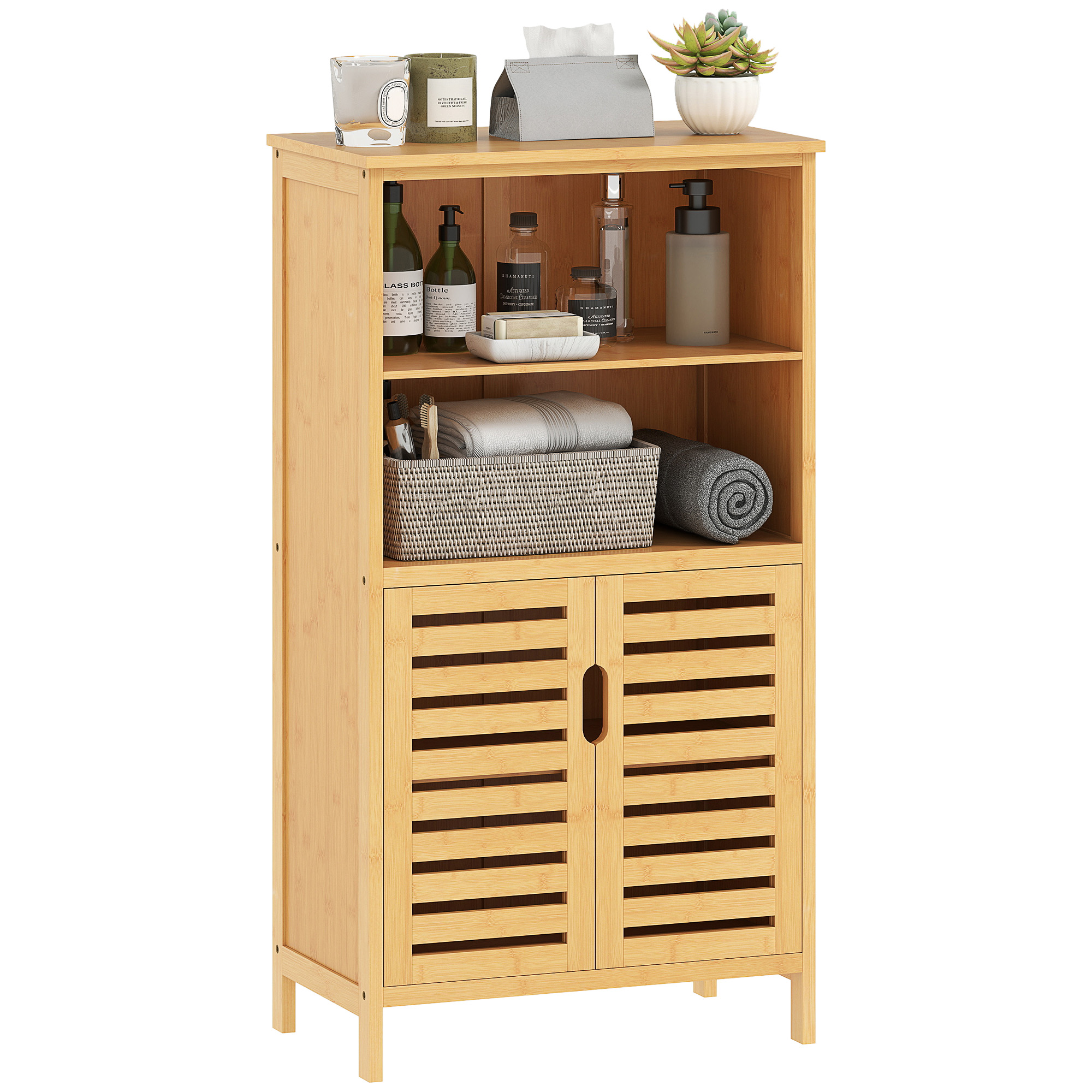 Badezimmerschrank aus Bambus, mit Lamellentüren, 2 Regale, 1 Schrank, 50 cm x 29 cm x 92 cm, Natur Badezimmerschrank aus Bambus, mit Lamellentüren, 2 Regale, 1 Schrank, 50 cm x 29 cm x 92 cm, Natur