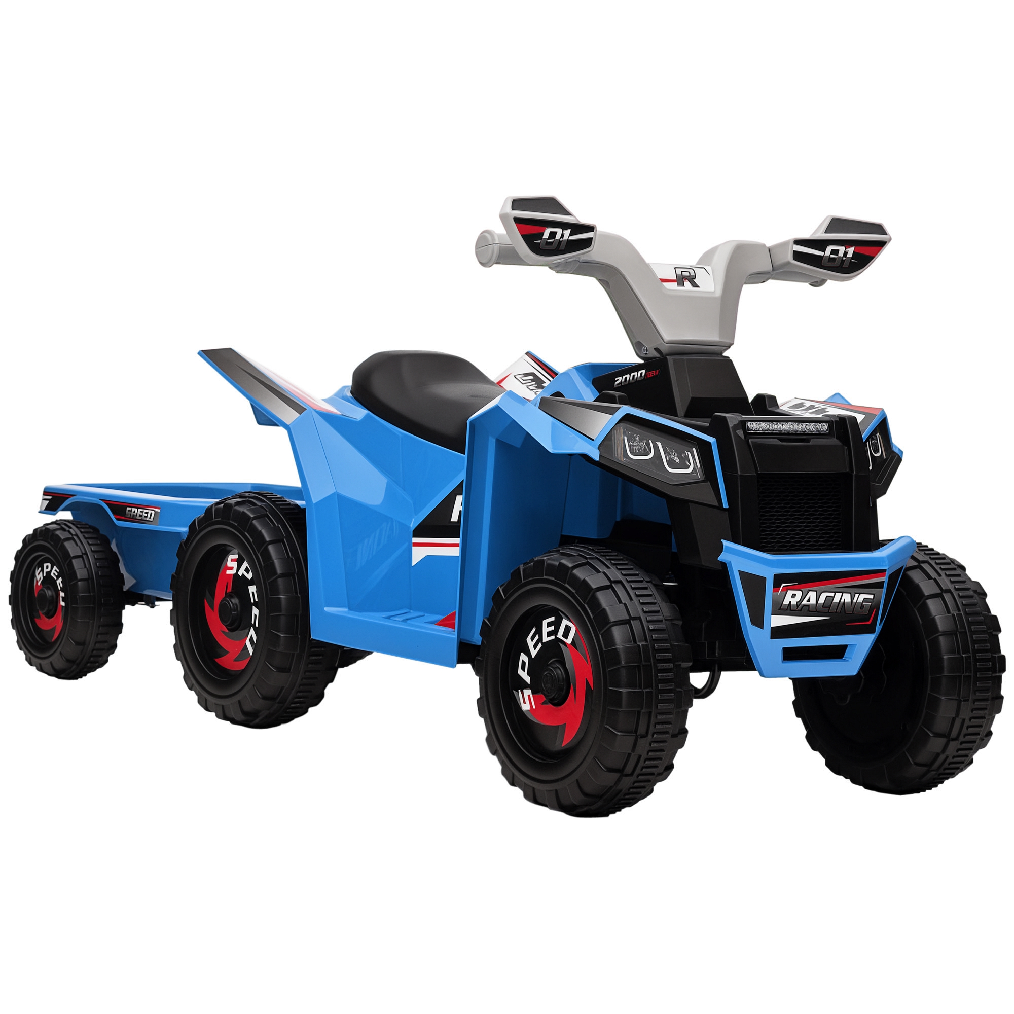 Kinderquad, aufladbar, 2,5 km/h, mit Anhänger, 50 Min, Fahrzeit, für Kinder 1,5 bis 3 Jahre, Blau Kinderquad, aufladbar, 2,5 km/h, mit Anhänger, 50 Min, Fahrzeit, für Kinder 1,5 bis 3 Jahre, Blau