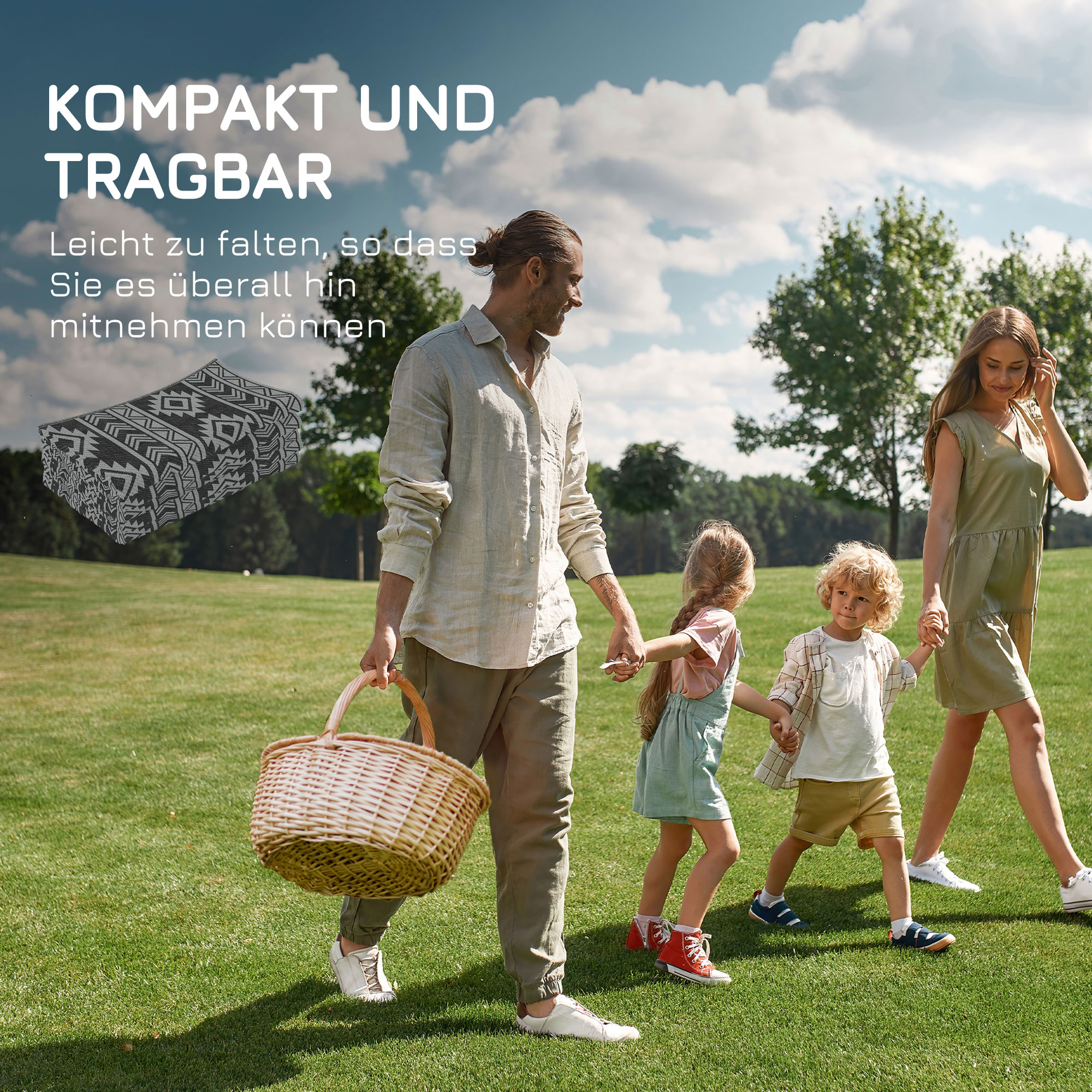 Outdoor-Teppich, wasserdicht, doppelseitiges Design, hochwertige Kunststofffaser, schwarz+grau, 182 x 274cm