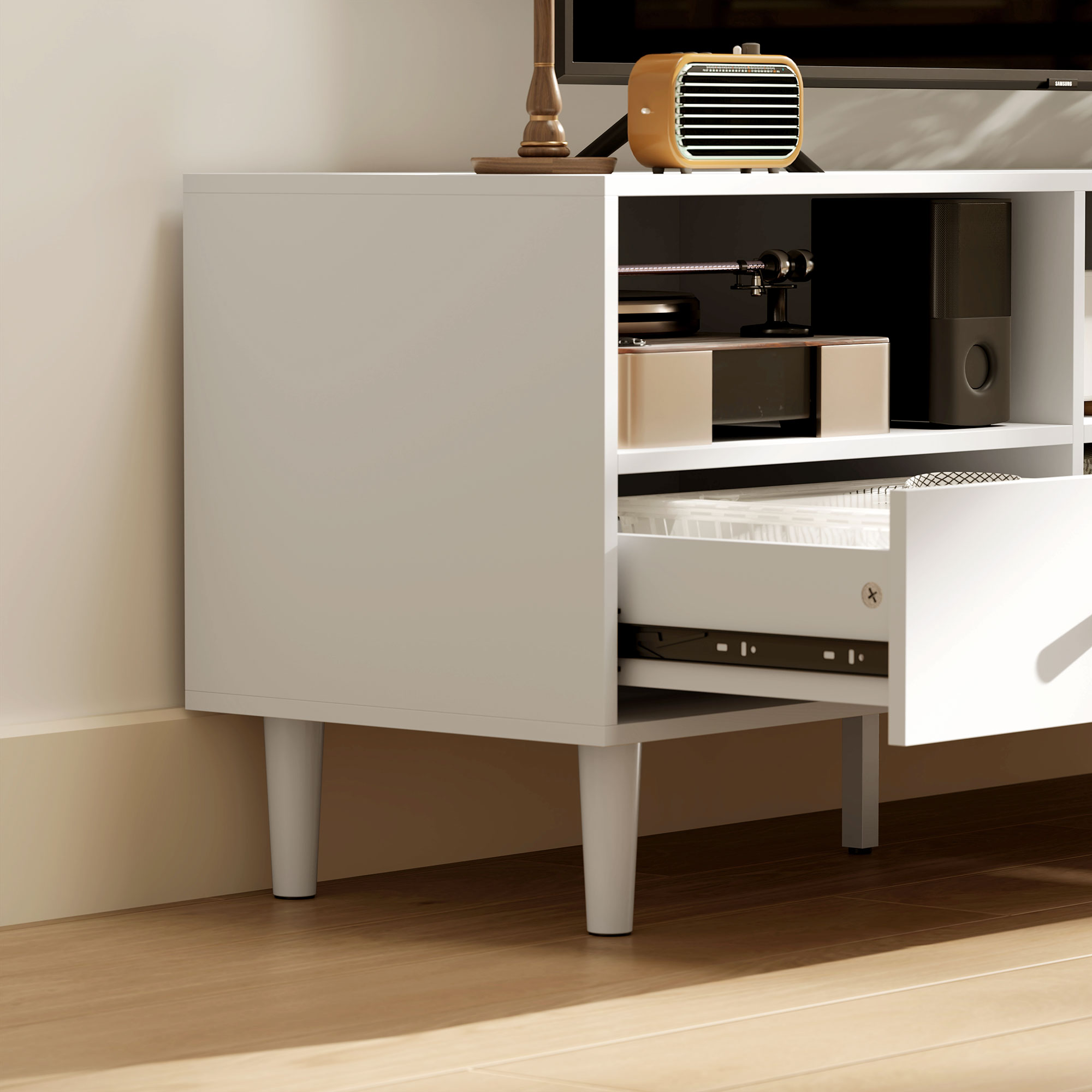 TV-Kommode, TV-Ständer für 75-Zoll-Bildschirme, 3 offene Fächer, 3 Schubladen, Spanplatte, Weiß
