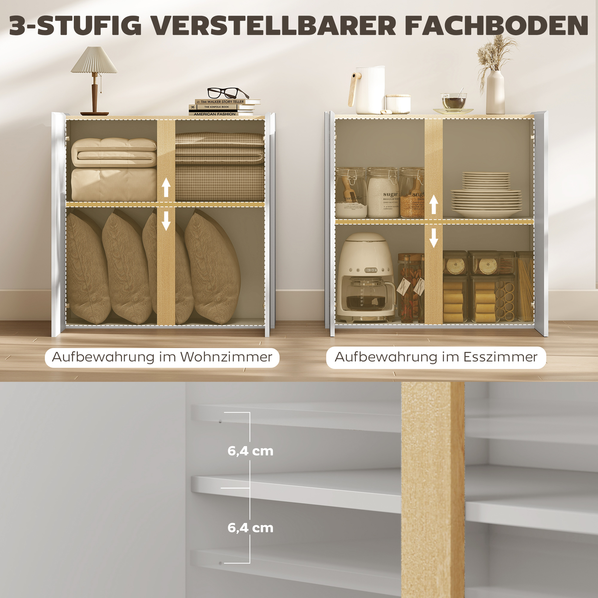 Kommode, Sideboard mit Soft-Close-Türen, anpassbares Regal, für Wohnzimmer, Küche, Esszimmer, Weiß