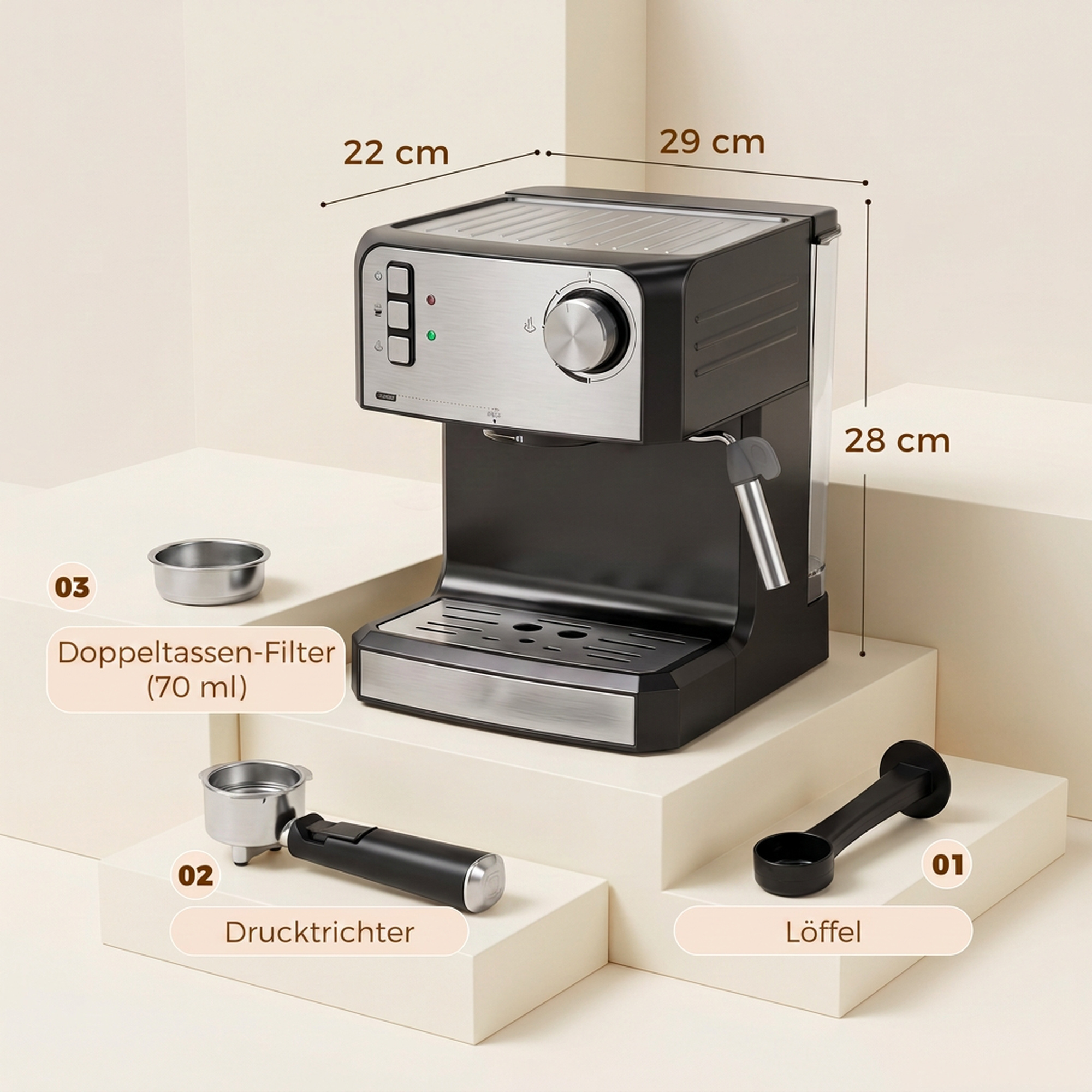 Espressomaschine, 20-Bar-Kaffeemaschine mit Milchaufschäumdüse, 1,6-l-Wassertank, Schwarz