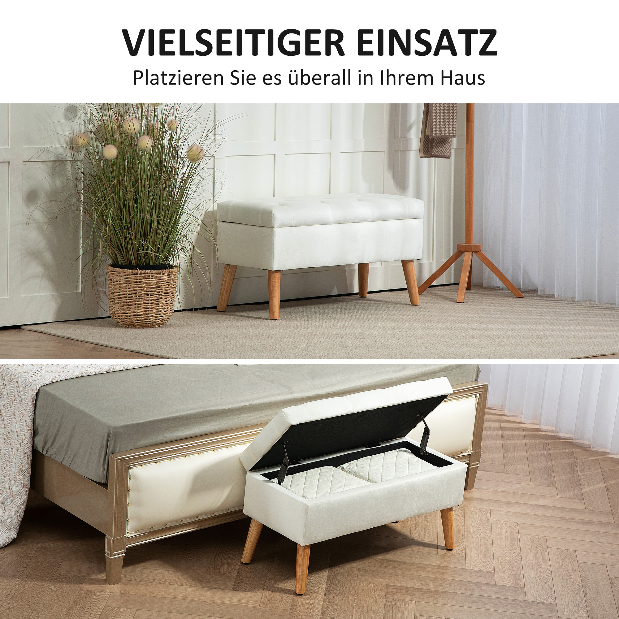 Polsterbank mit Stauraum, Stoffbezug in Samtoptik, Holzbeine, für Wohnzimmer, Schlafzimmer, Flur, 80 x 35 x 42 cm, Weiß