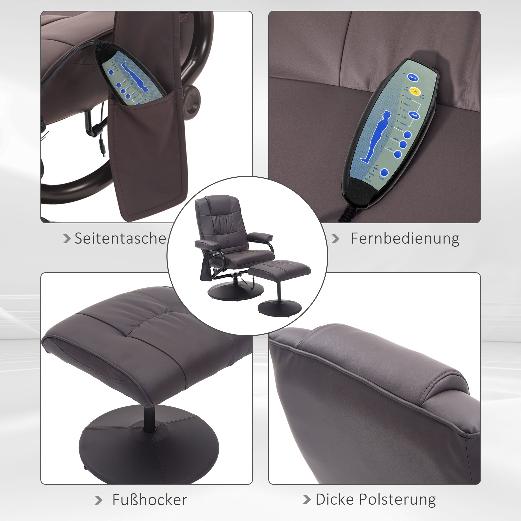 Massagesessel Relaxsessel, inkl, Fußhocker, 10 Vibrationspunkte, 1 Fernbedienung; 77 cm x 84 cm x 95 cm, Braun