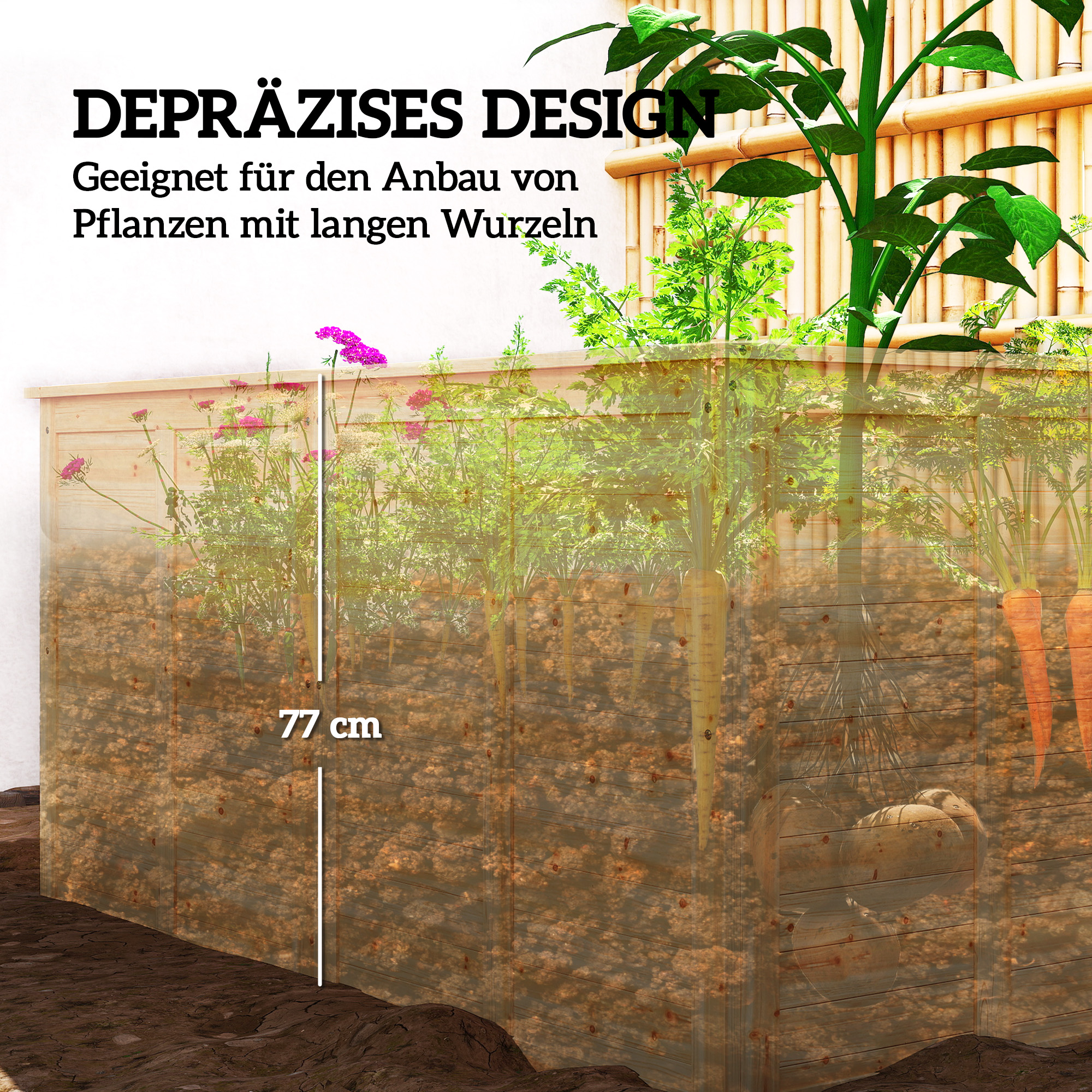 Hochbeet Holz 152 x 77 x 77 cm erhöhtes Tief Kräuterbeet mit Offenem Boden Verstärkungsstangen