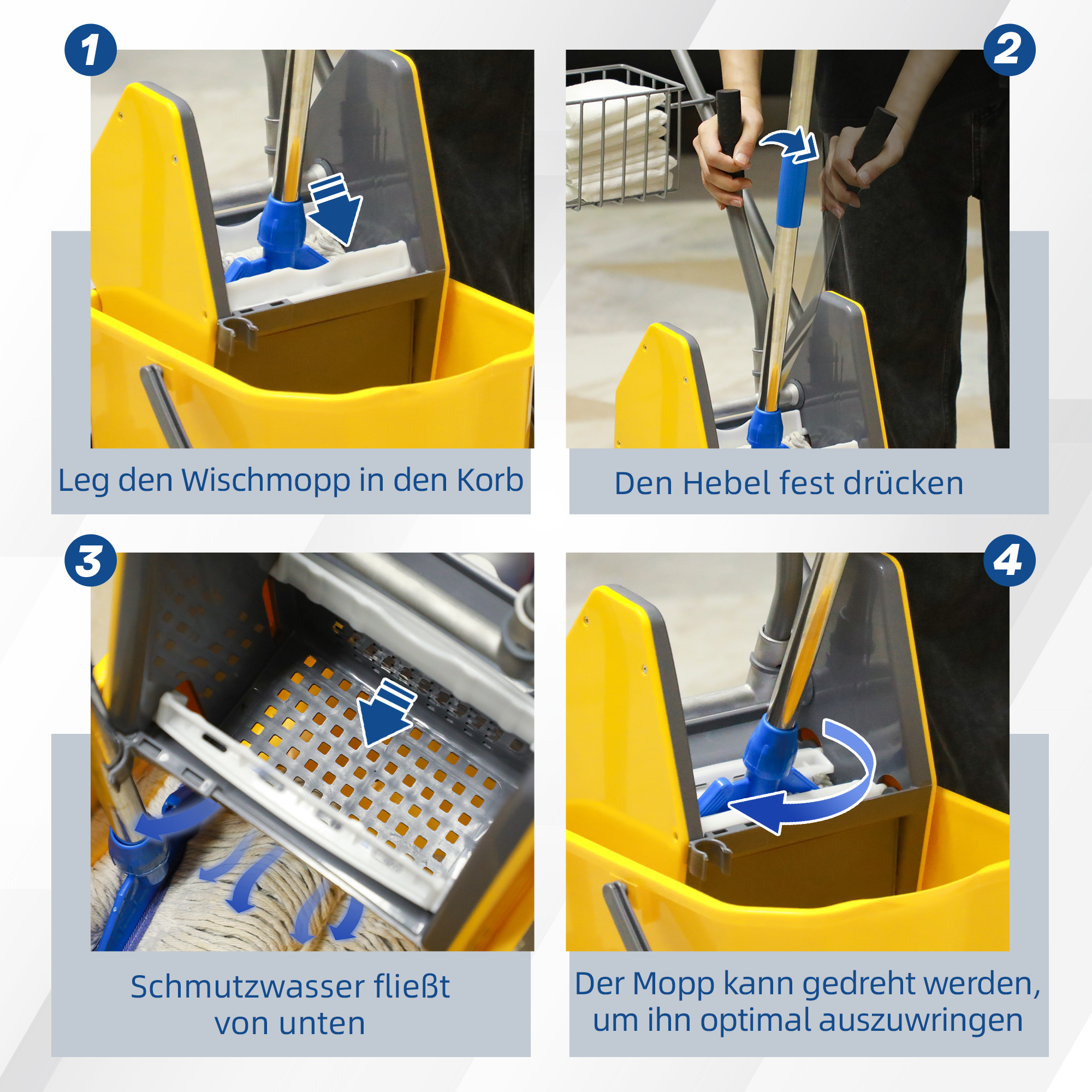 Reinigungswagen, Moppwagen, 25 L Fassungsvermögen, 4 Räder, Kunststoff, Gelb