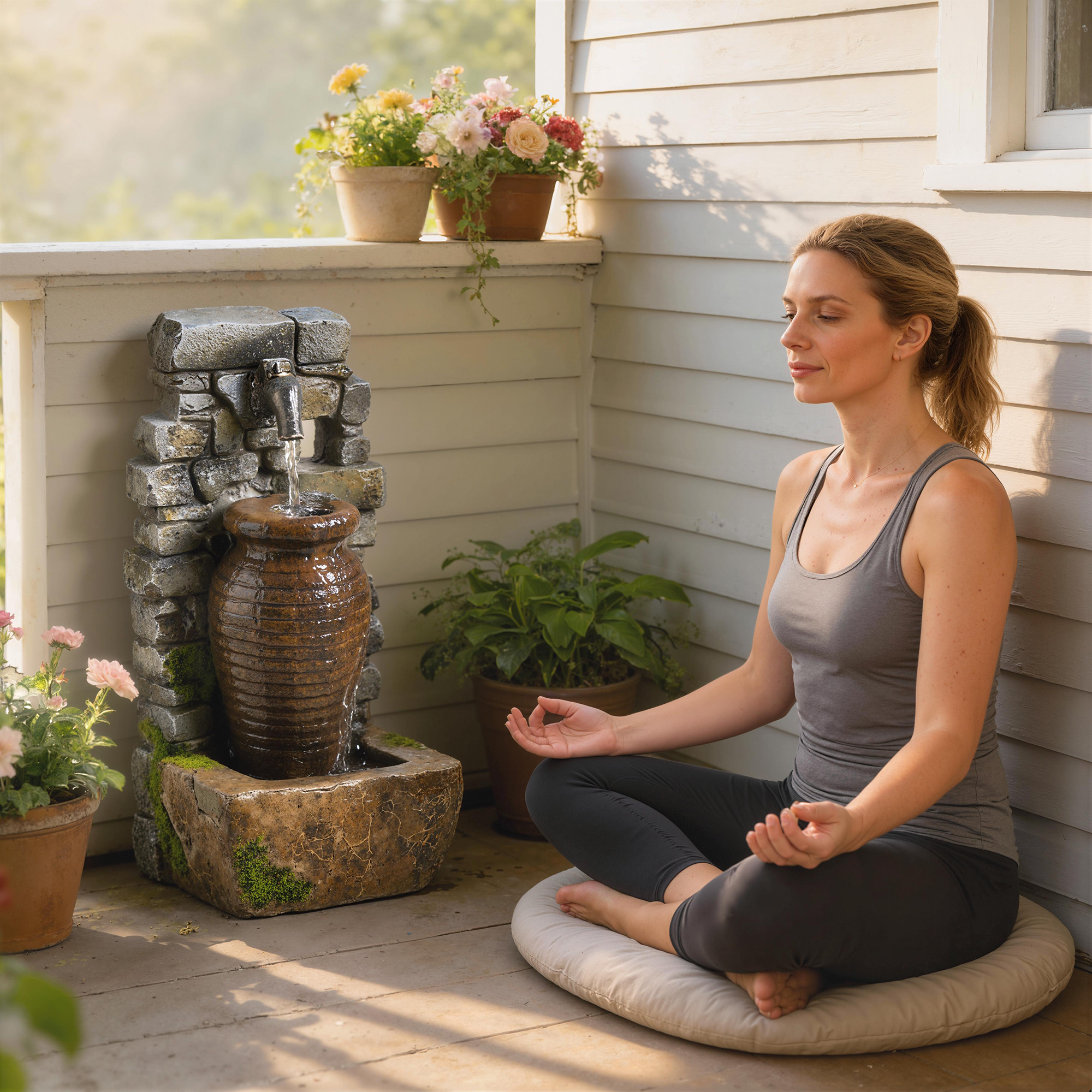 Gartenbrunnen mit einstellbarem Wasserfluss und 3-stufiger rustikaler Steinwand im Krugdesign