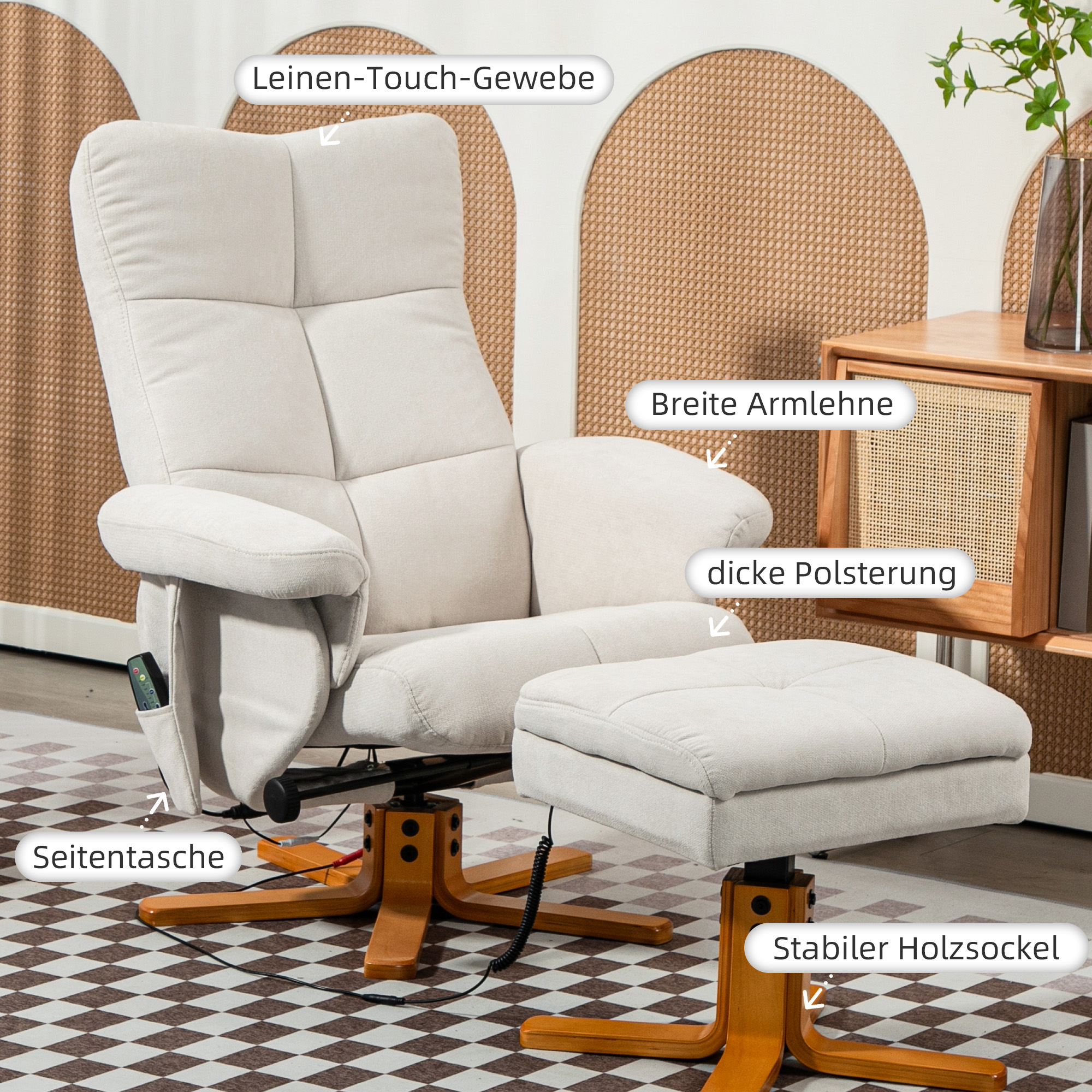 Massagesessel mit Liegefunktion und Fußhocker, 145°-Neigung, Polyester, 80 x 86 x 99 cm, Cremeweiß