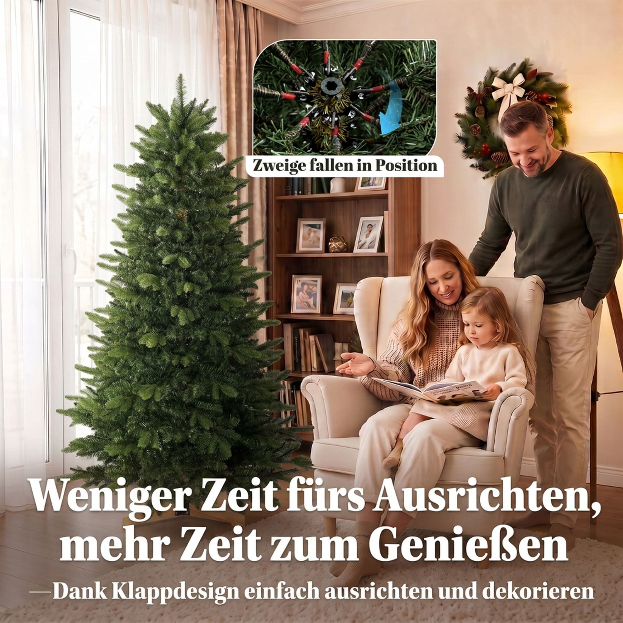 künstlicher Weihnachtsbaum 180 cm, Fraser-Tanne mit Holzständer, 988 realistische Zweigspitzen für Zuhause und Büro, Grün