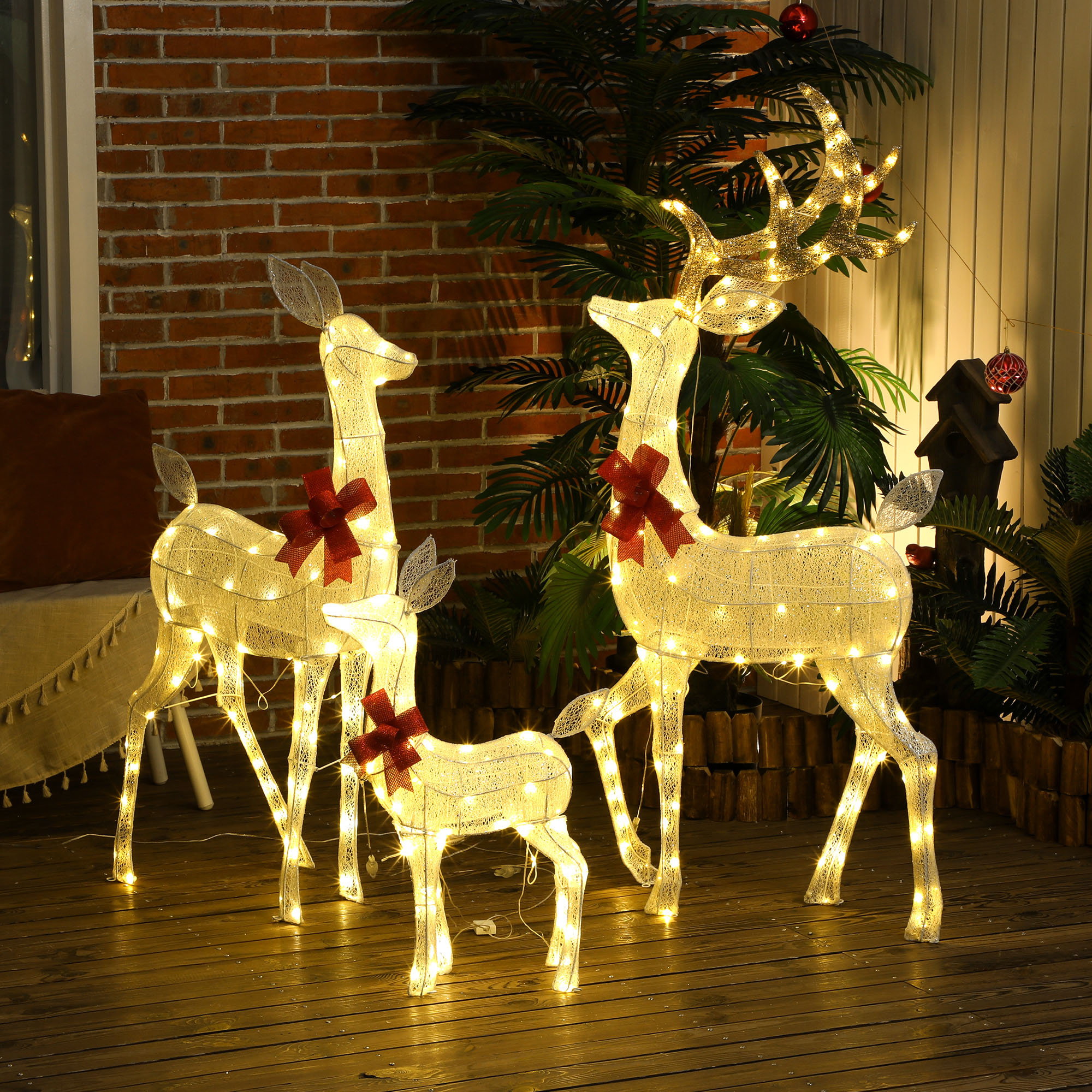 Rentierfamilie mit roten Schleifen, 283 LEDs, Weihnachtsbeleuchtung, wetterfest, Silber