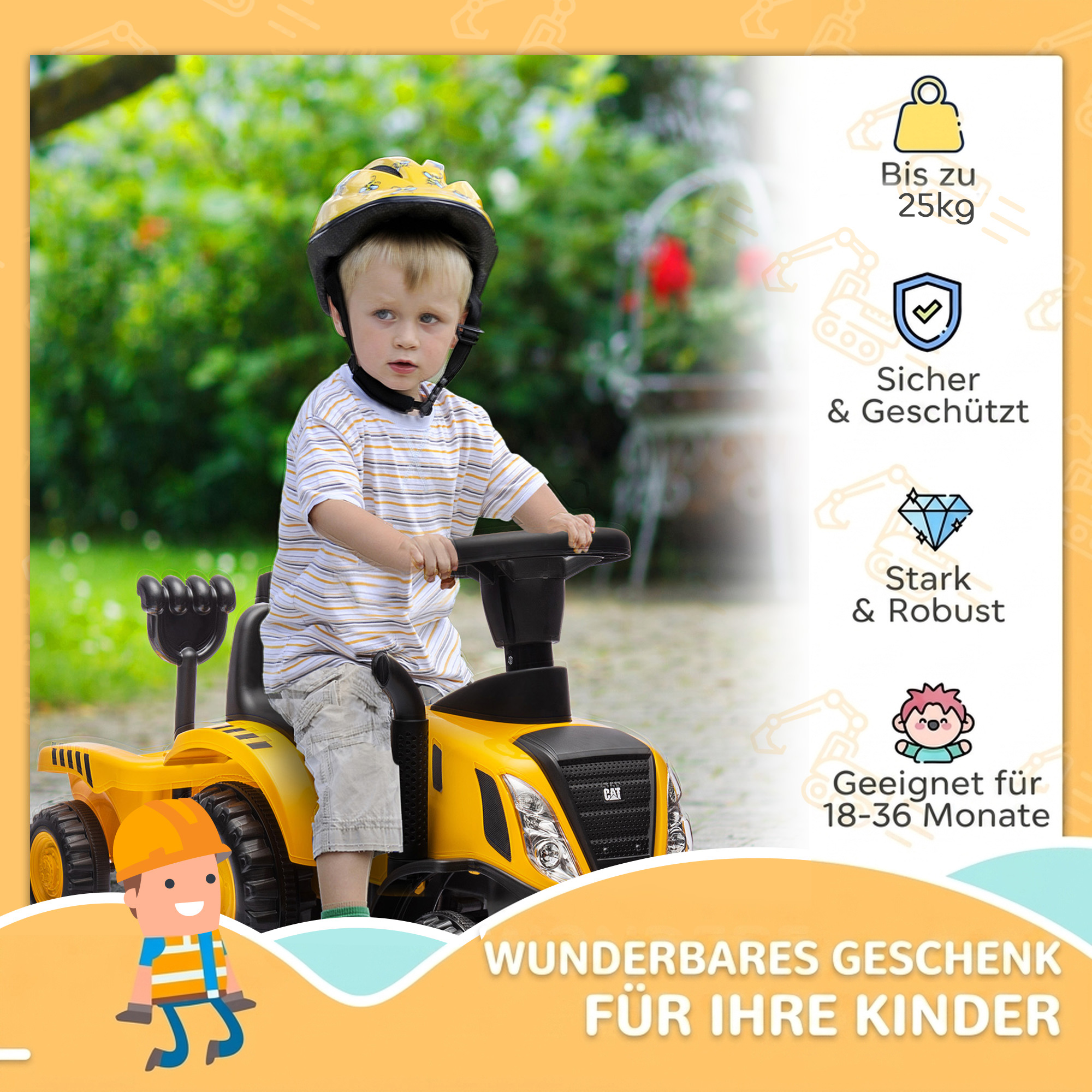 Sitzbagger Aufsitzbagger mit Schaufel Lenkrad Kinderbagger mit abnehmbarem Anhänger Licht Musik für 1-3 Jahre Gelb
