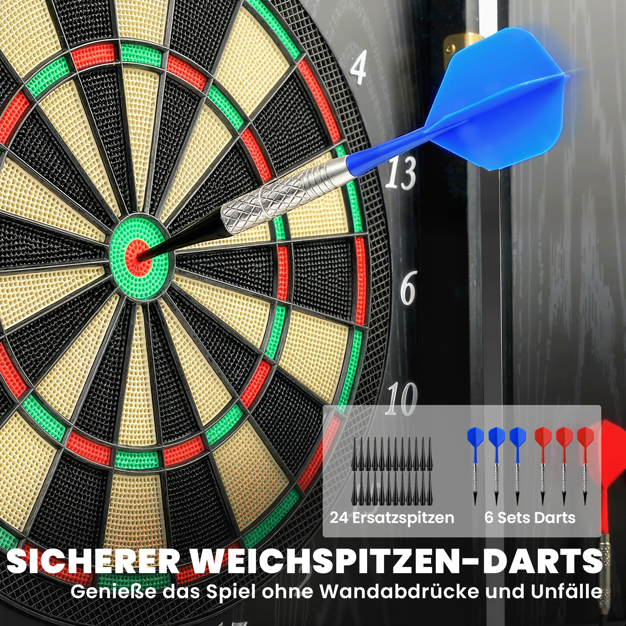 Elektronische Dartscheibe E Dartboard mit Türen Holzoptik LED Anzeige Sprachansagen 6 Dartpfeile, 24 Ersatzspitzen
