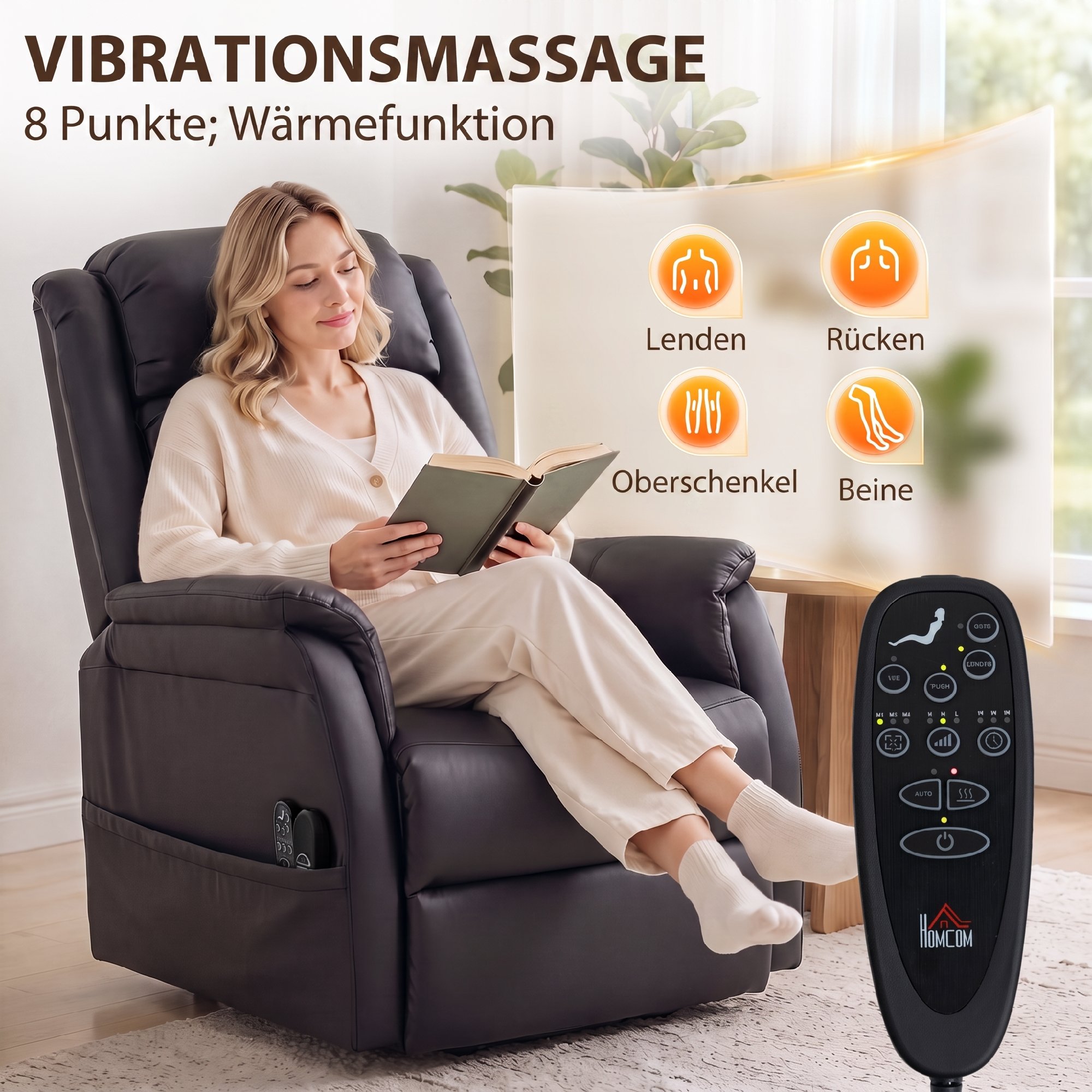 Elektrischer Aufstehsessel mit Vibrationsmassage und Wärmefunktion, Senioren-Sessel aus braunem PU-Leder