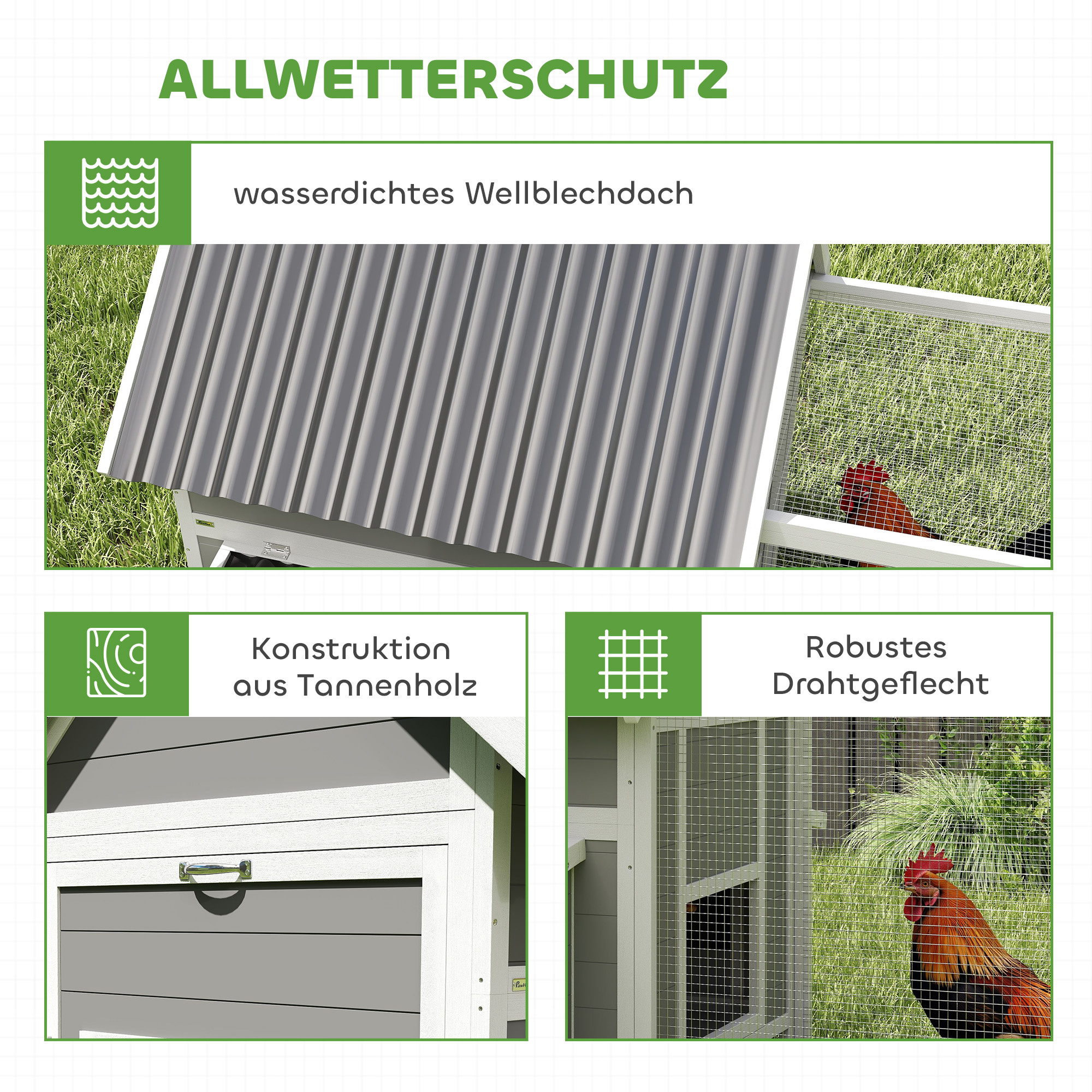 Großer Hühnerstall für 7-10 Hühner, Sitzstangen, Schaukel, Fenster, Nistkästen, Maschendraht, Grau