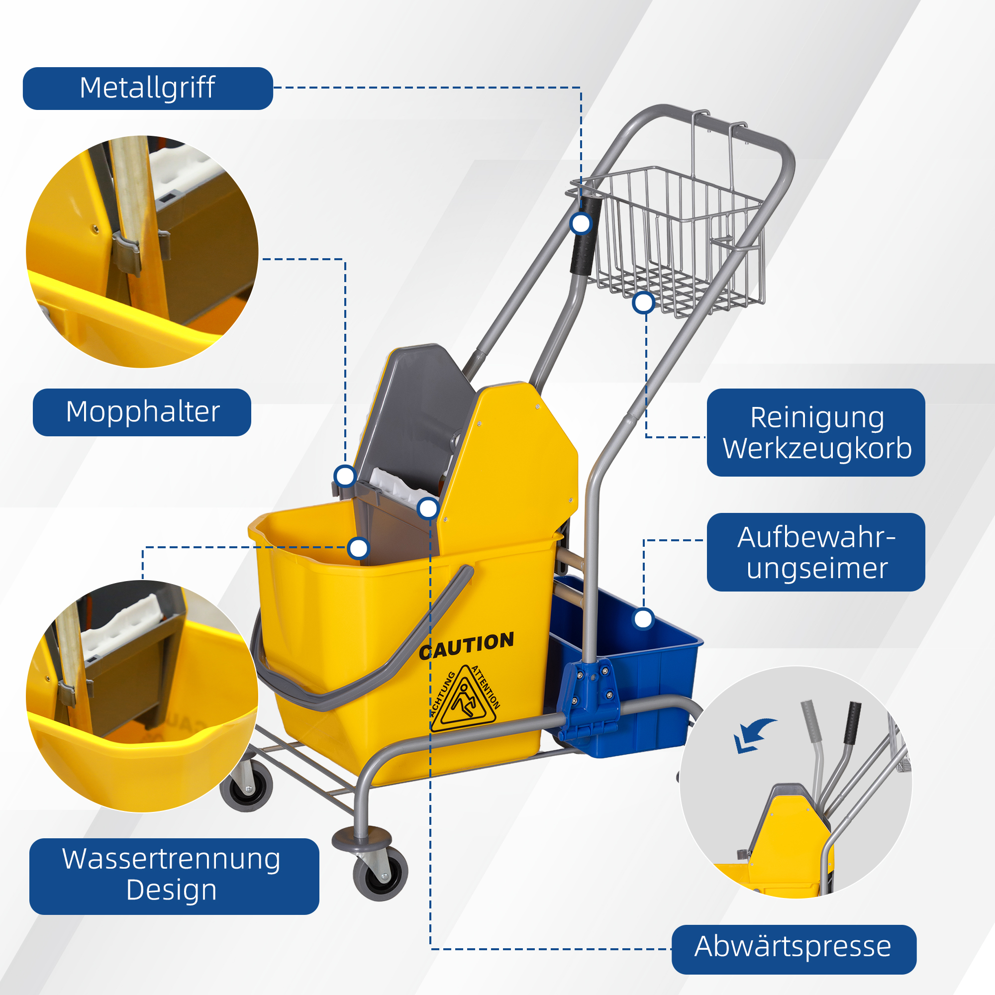 Reinigungswagen, Moppwagen, 25 L Fassungsvermögen, 4 Räder, Kunststoff, Gelb