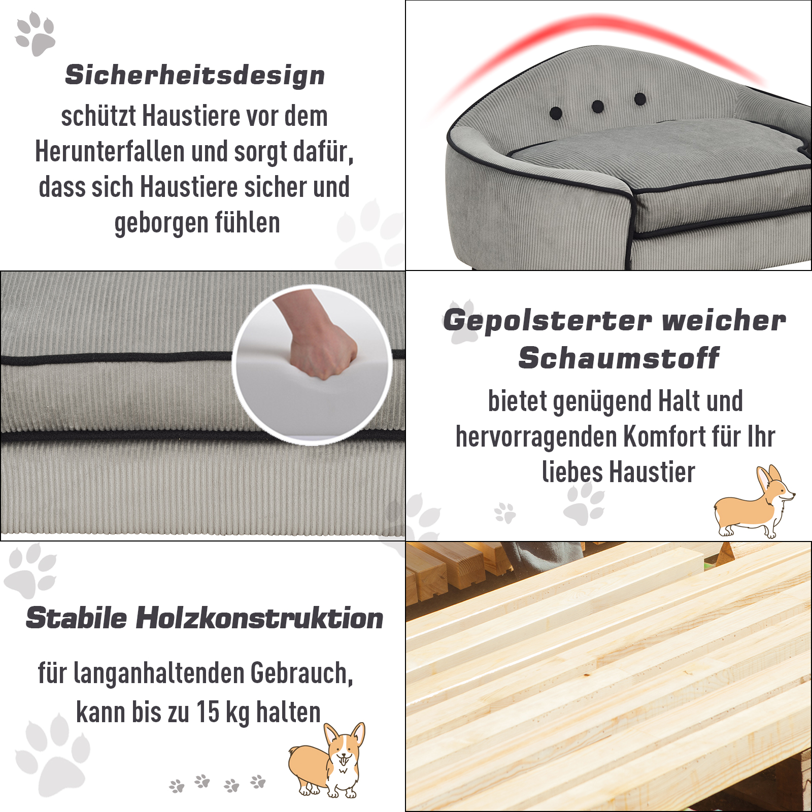 Haustiersofa, Hundebett, Hundematte, Hundesofa, Naturholz+Plüsch, Grau, 66,5 x 45 x 35,5 cm
