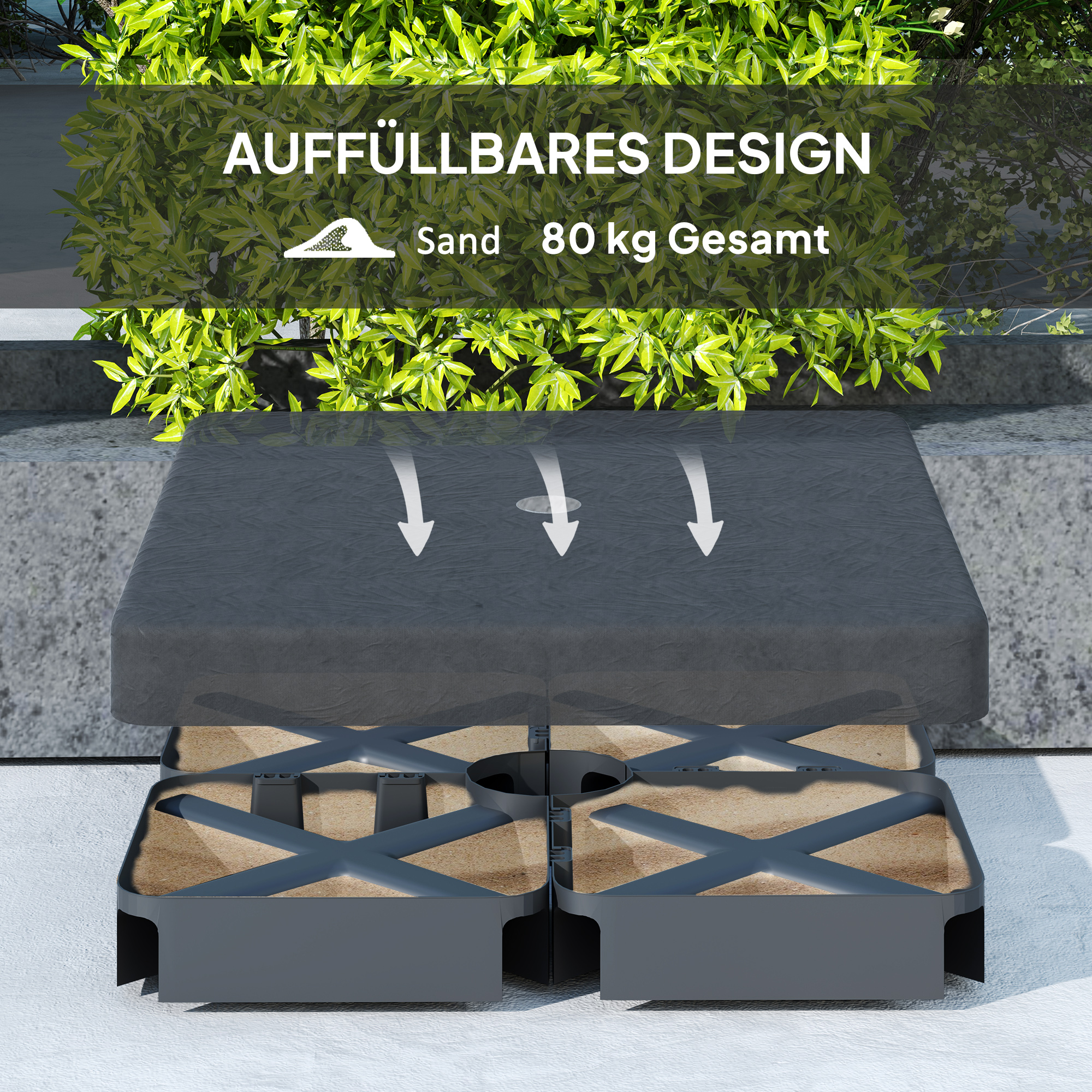 Basisgewichte für Sonnenschirmständer, Wasserdicht, mit Sand befüllbar, Kunststoff, 89L x 89B x 10,5H cm, Schwarz