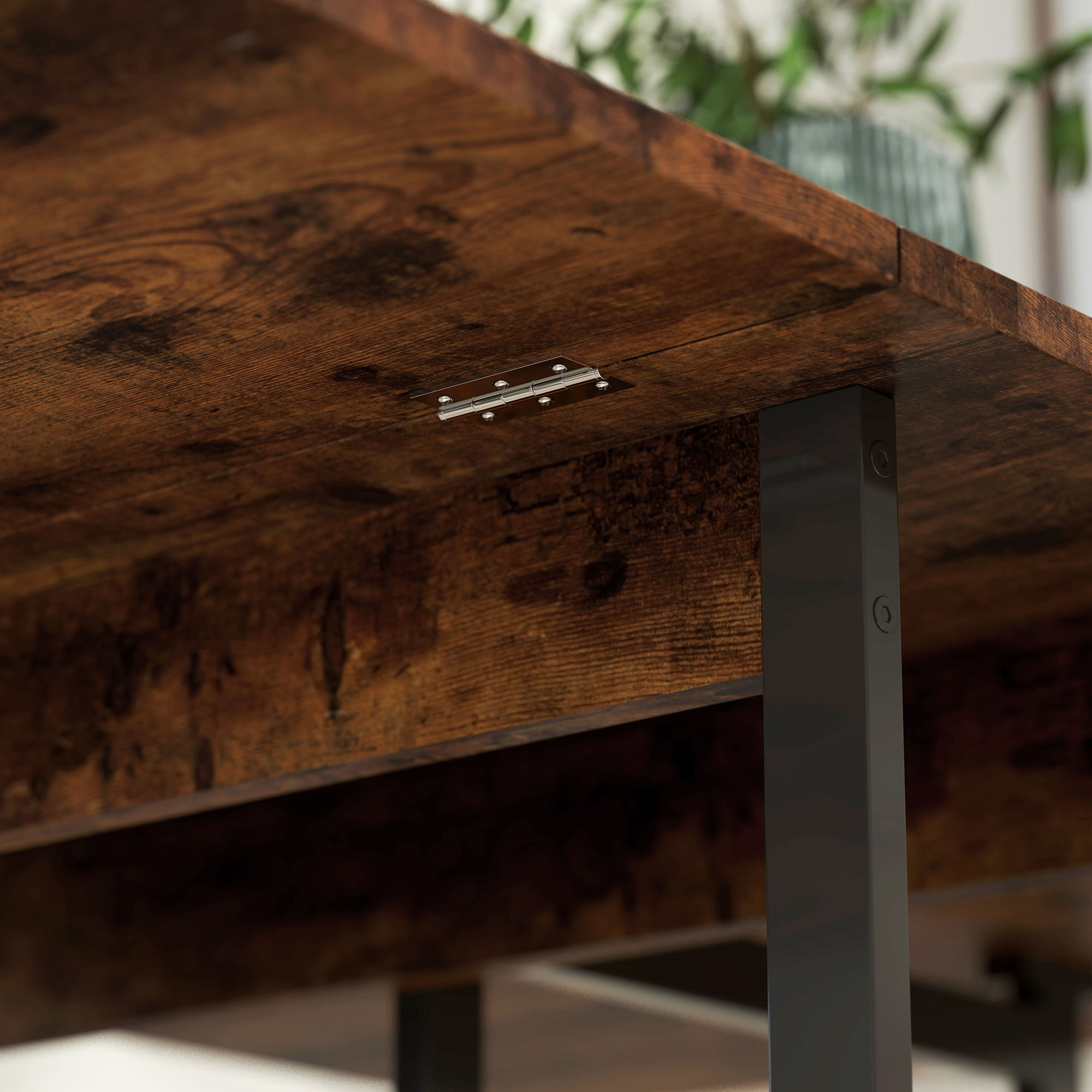 Klappbarer Esstisch im Industriedesign, für bis zu 4 Personen, offene Regale, flexibel, Metall, Spanplatte, Braun