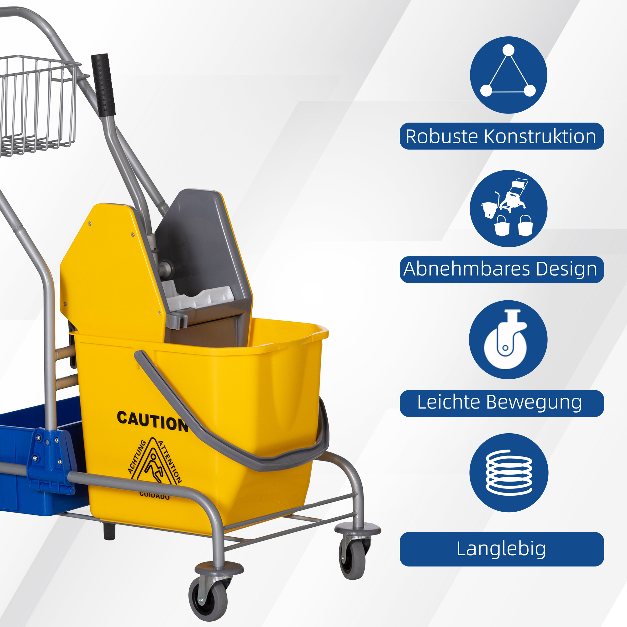 Reinigungswagen, Moppwagen, 25 L Fassungsvermögen, 4 Räder, Kunststoff, Gelb