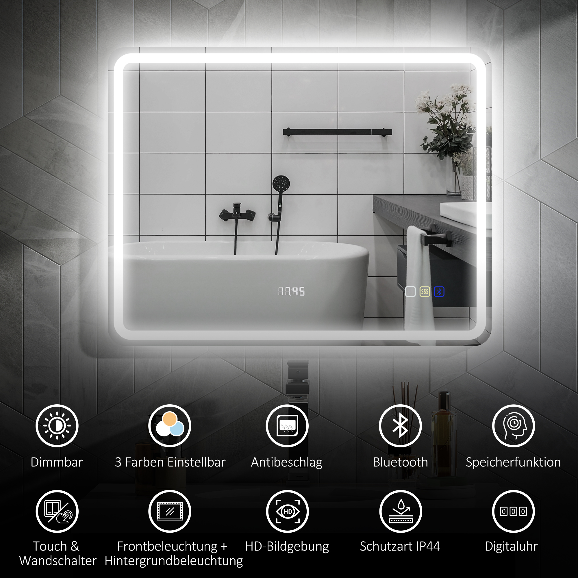 Badezimmerspiegel mit LED-Beleuchtung, Anti-Beschlags-Pad, 3 verstellbare Farben, Uhr, 700 x 900 mm, Silberfarben