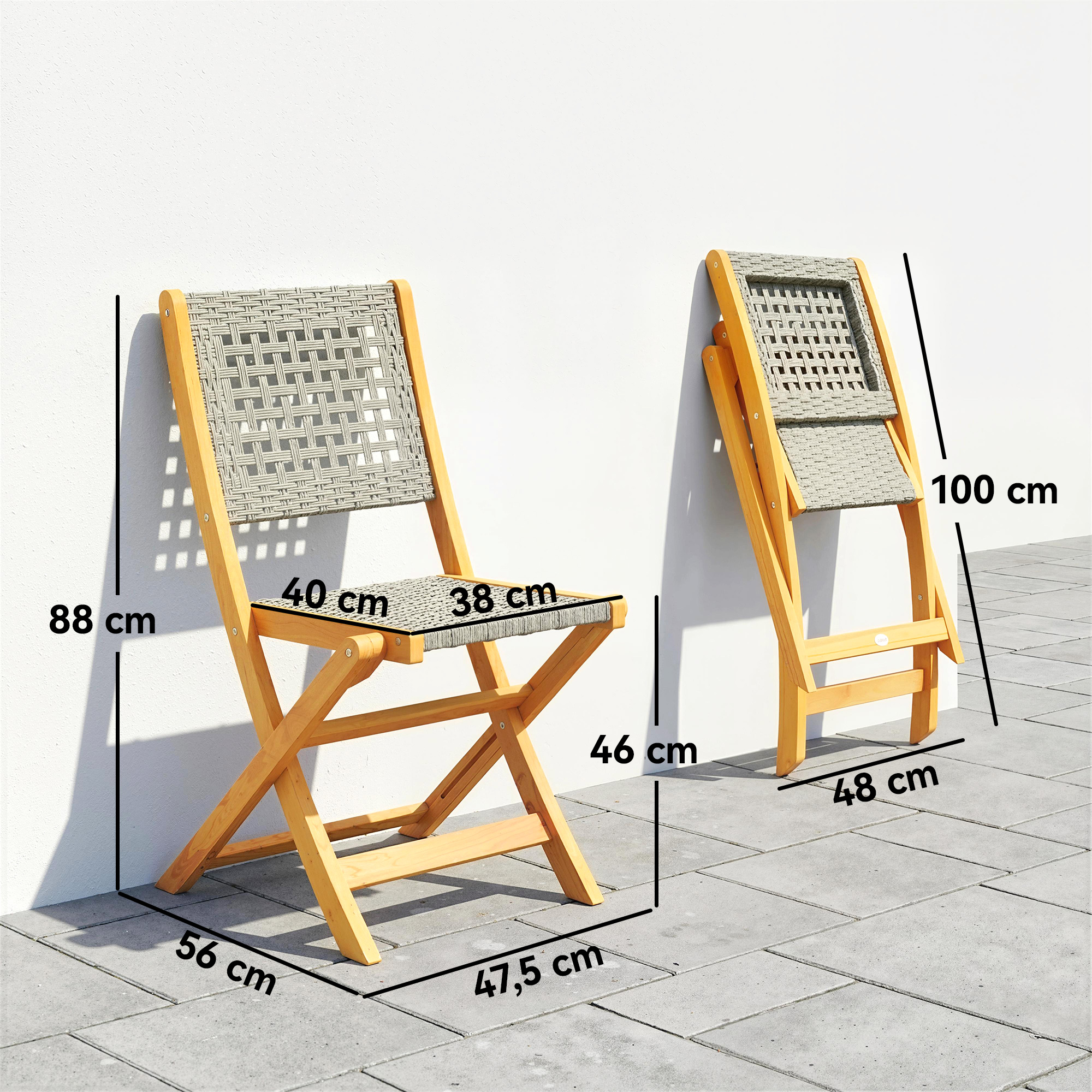 Gartenstühle 2 Stück FSC Klappstuhl mit Atmungsaktiv Sitz angenehme Sitzhöhe aus Massivholz & Polyrattan