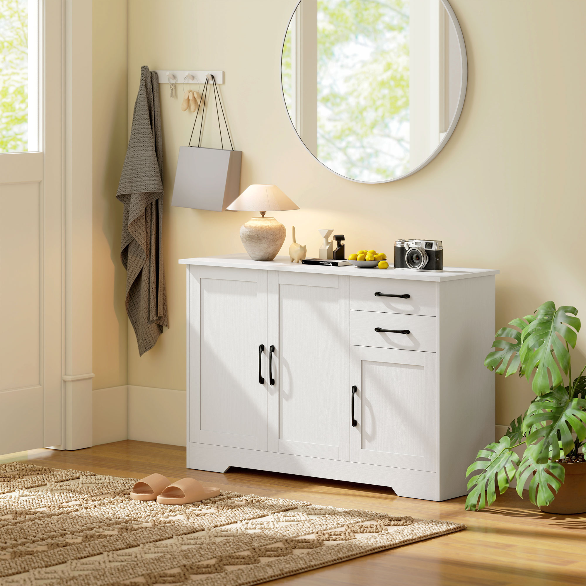 Sideboard mit 2 Schubladen, modernem Aufbewahrungsschrank, verstellbarem Einlegeboden und 3 Türen, Weiß