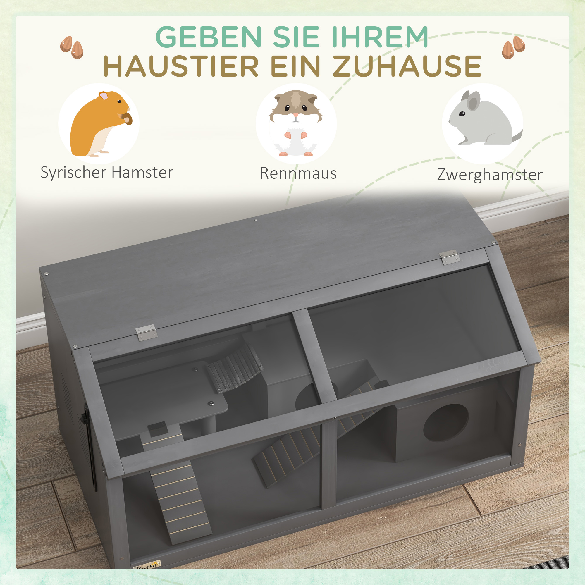 Hamsterkäfig, Kleintierkäfig aus Holz, Hängebrücke, Leitern, Hütte, 84 x 45 x 44 cm, für Zwerghamster, Grau