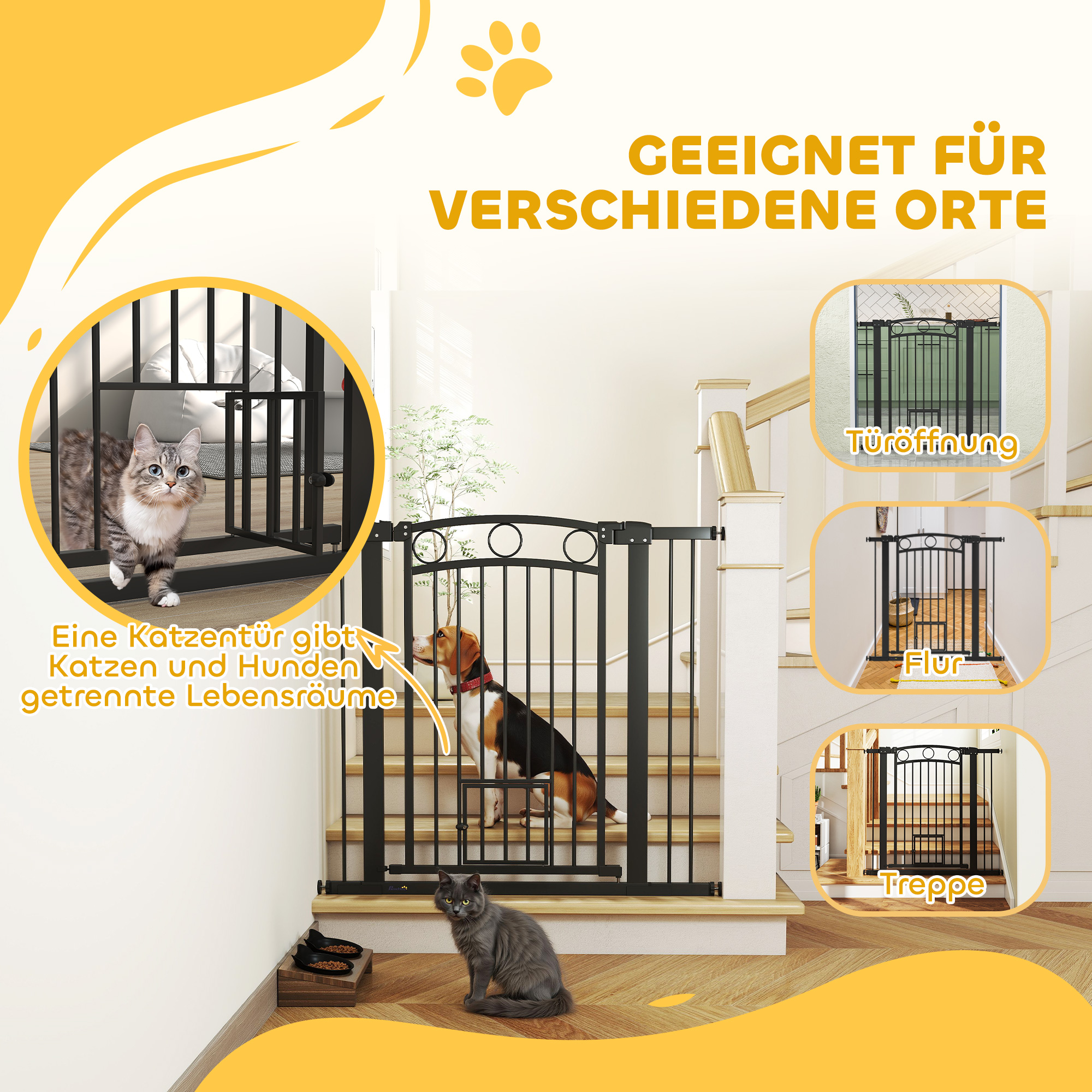 Haustiertor, 96 cm Treppengatter, verstellbare Breite 76-104 cm, mit Katzentür, für Treppen und Türöffnungen, Schwarz
