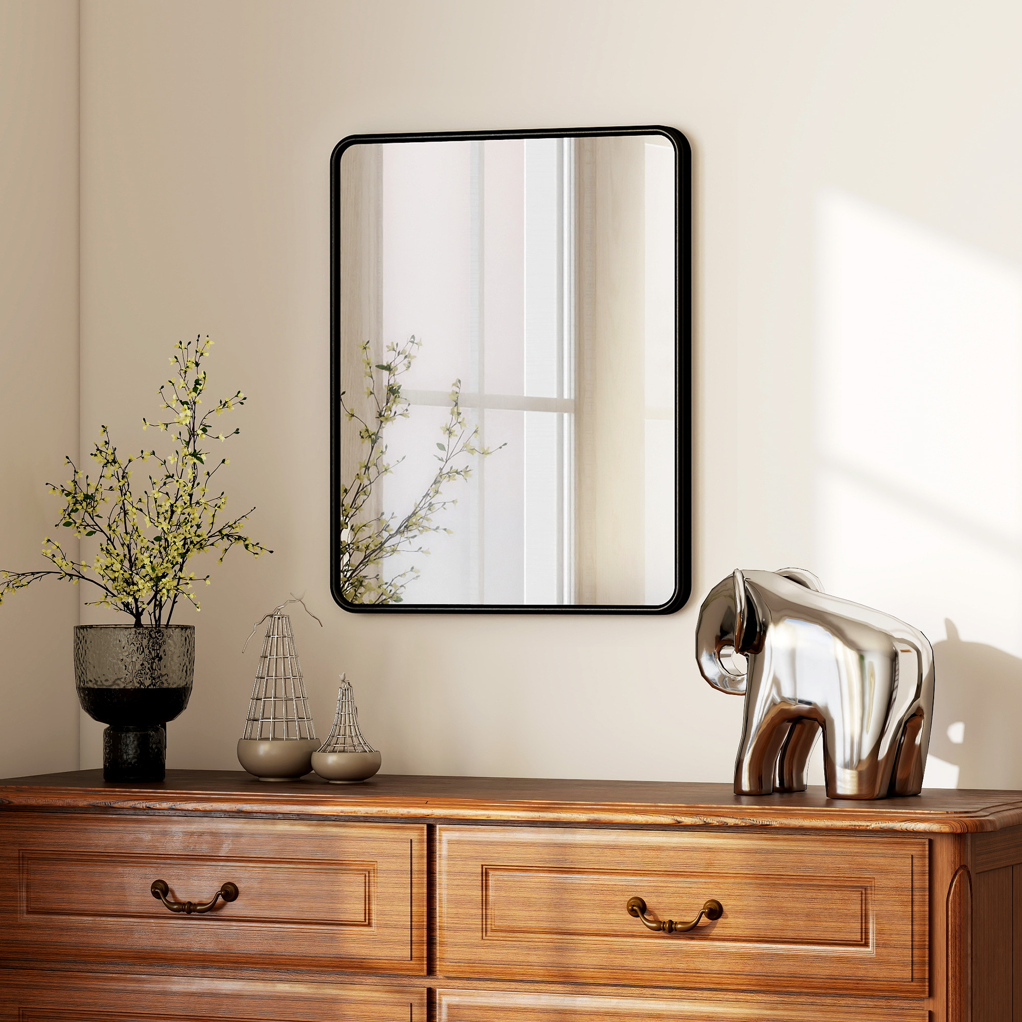 Wandspiegel 50 x 40 cm Dekorativer Hängespiegel mit Metallrahmen für Schlafzimmer Badezimmer Wohnzimmer Schwarz
