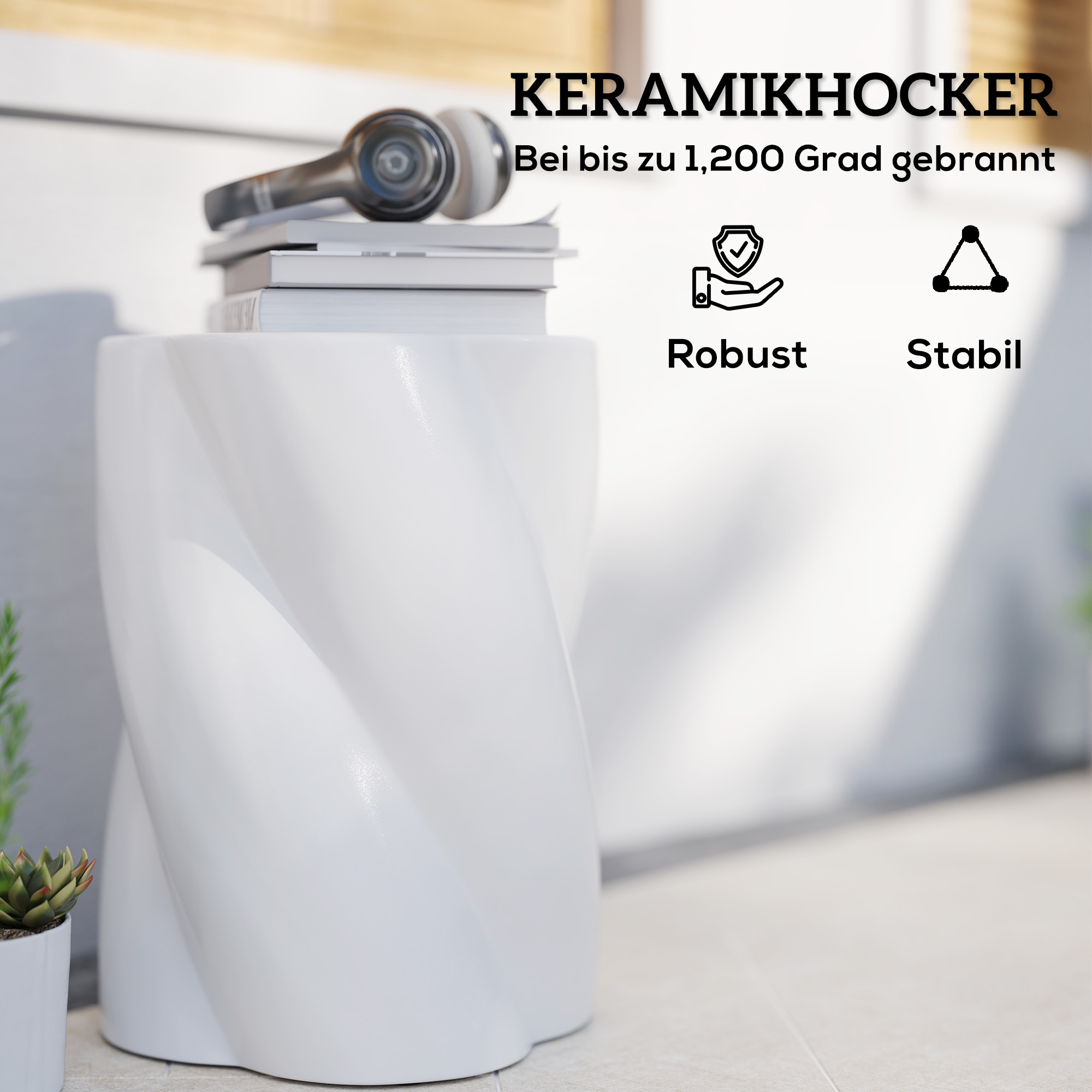 Sitzhocker aus Keramik in Spiralform 120kg belastbar Ø33 x 45 cm Wetterfest Garten Hocker mit Deckel Weiß