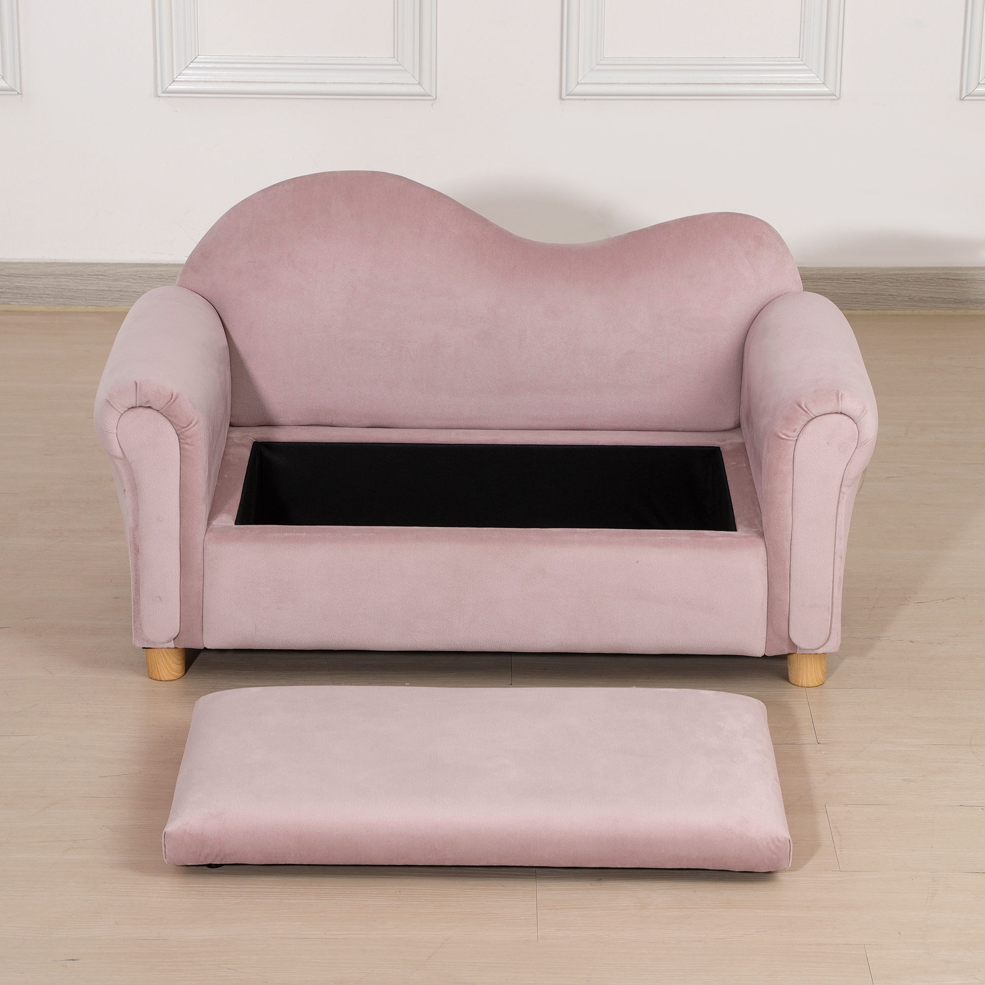 Kindersofa, Zweisitzer für Kinder 3-5 Jahre, Stauraum, Naturholzrahmen, 84 x 41,5 x 48,5cm, rosa