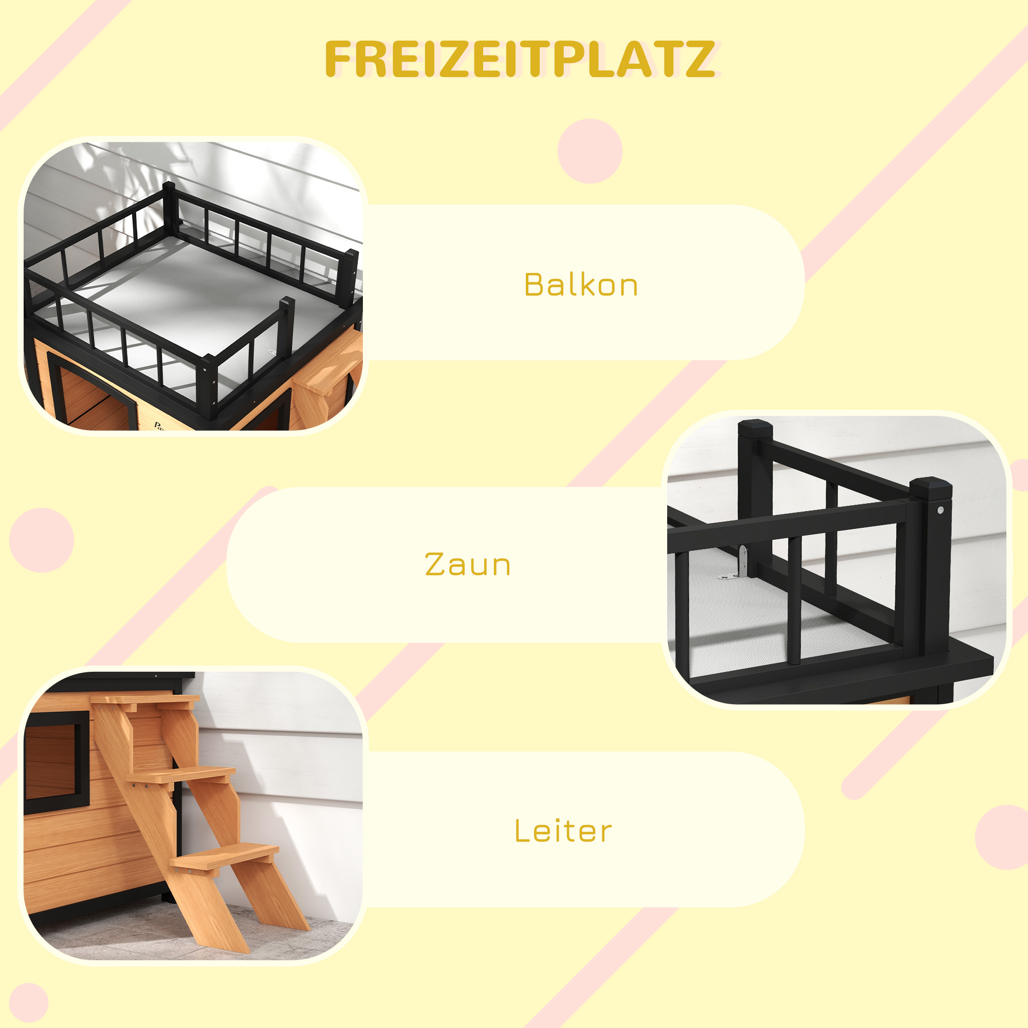 Hundehütte mit Dachterrasse, wetterfest, Holz, 121x77x78cm, Schwarz/Gelb