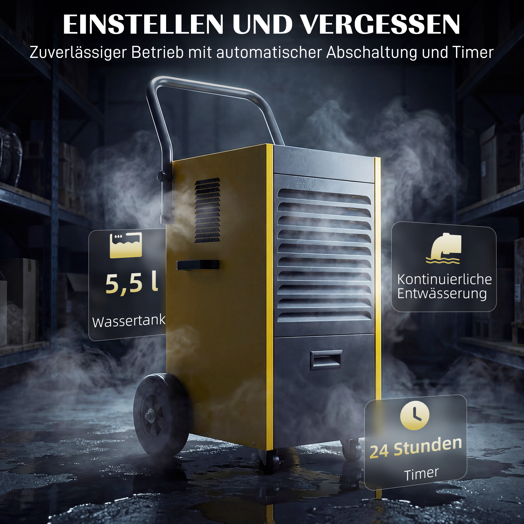 Gewerbe-Luftentfeuchter 70L/Tag mit Rädern und Griff, kontinuierlicher Ablaufschlauch, 24-Stunden-Timer, 5,5L Tank, Gelb
