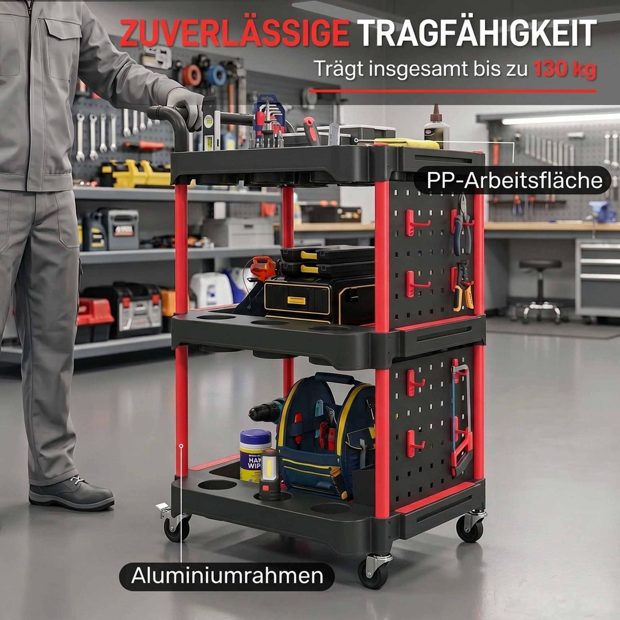 Werkzeugwagen mit 3 Ebenen, Lochwand und Haken, rollbarer Werkstattwagen mit Bremsen, Schwarz/Rot