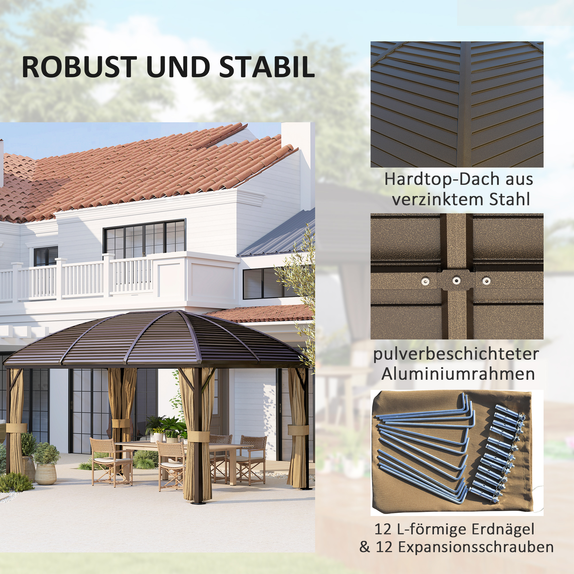 Gartenpavillon, Partyzelt, Festzelt, 4 x Doppel-Seitenteile, wasserdicht, 2 Laternenhaken, ca. 4 x 3 x 2,8 m, Braun