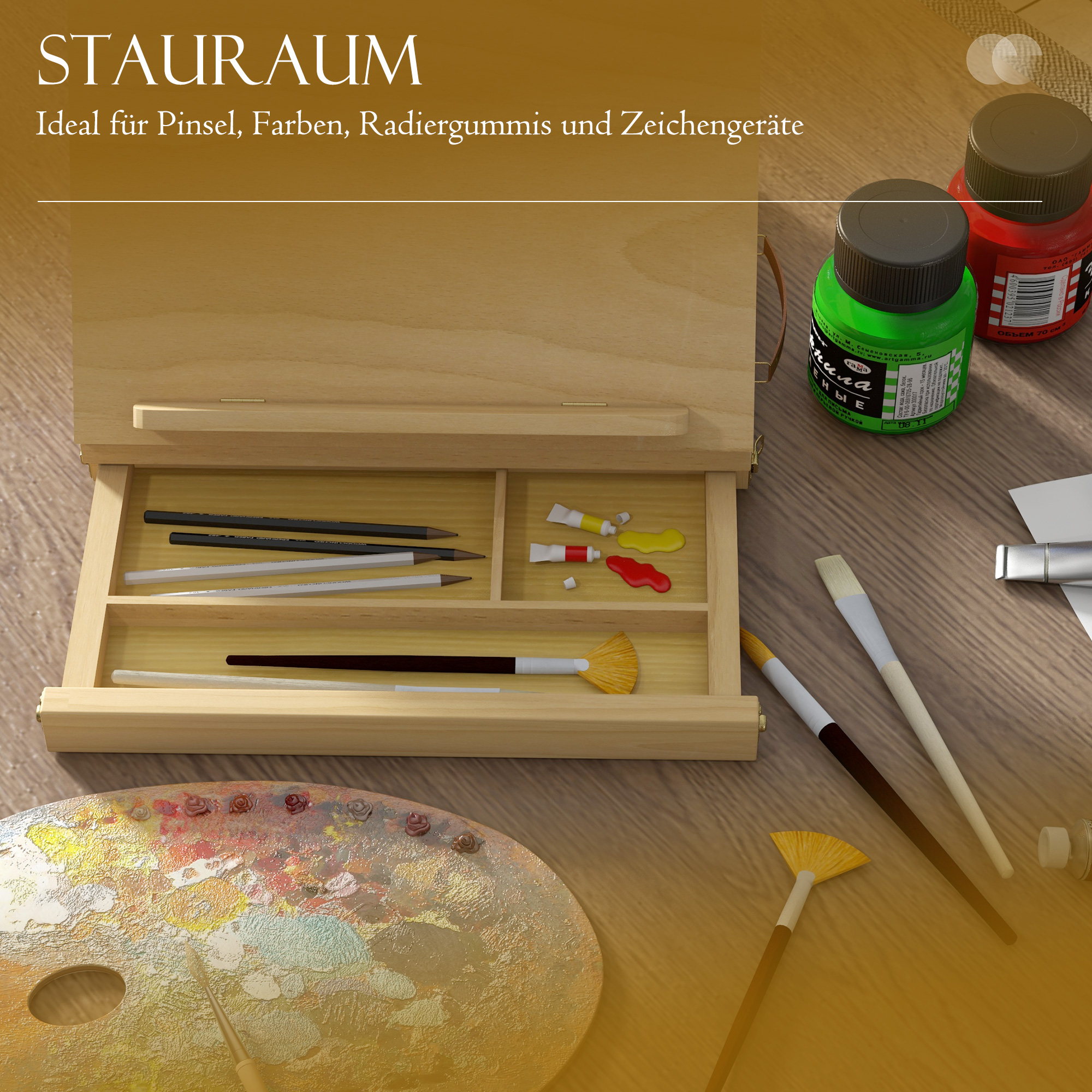 Tischstaffelei, kleine Staffelei, 1 Schublade, 3 Fächer, Massivholz, Natur