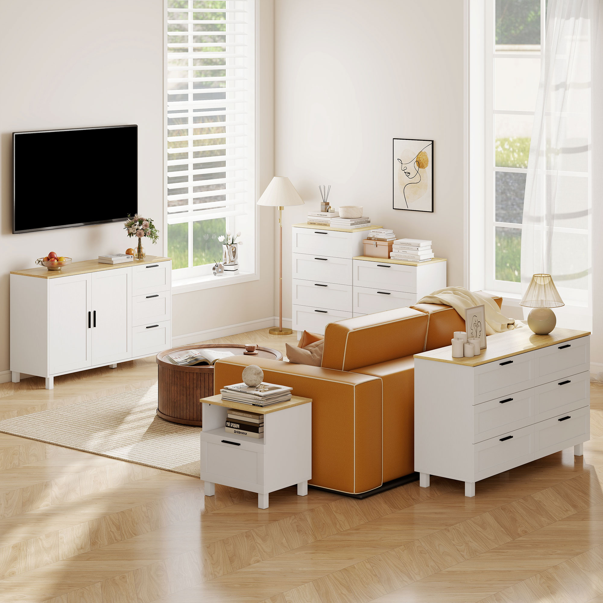 modernes Sideboard mit Soft-Close-Türen, Kaffeebar-Schrank mit 3 Schubladen und verstellbarem Einlegeboden, Weiß