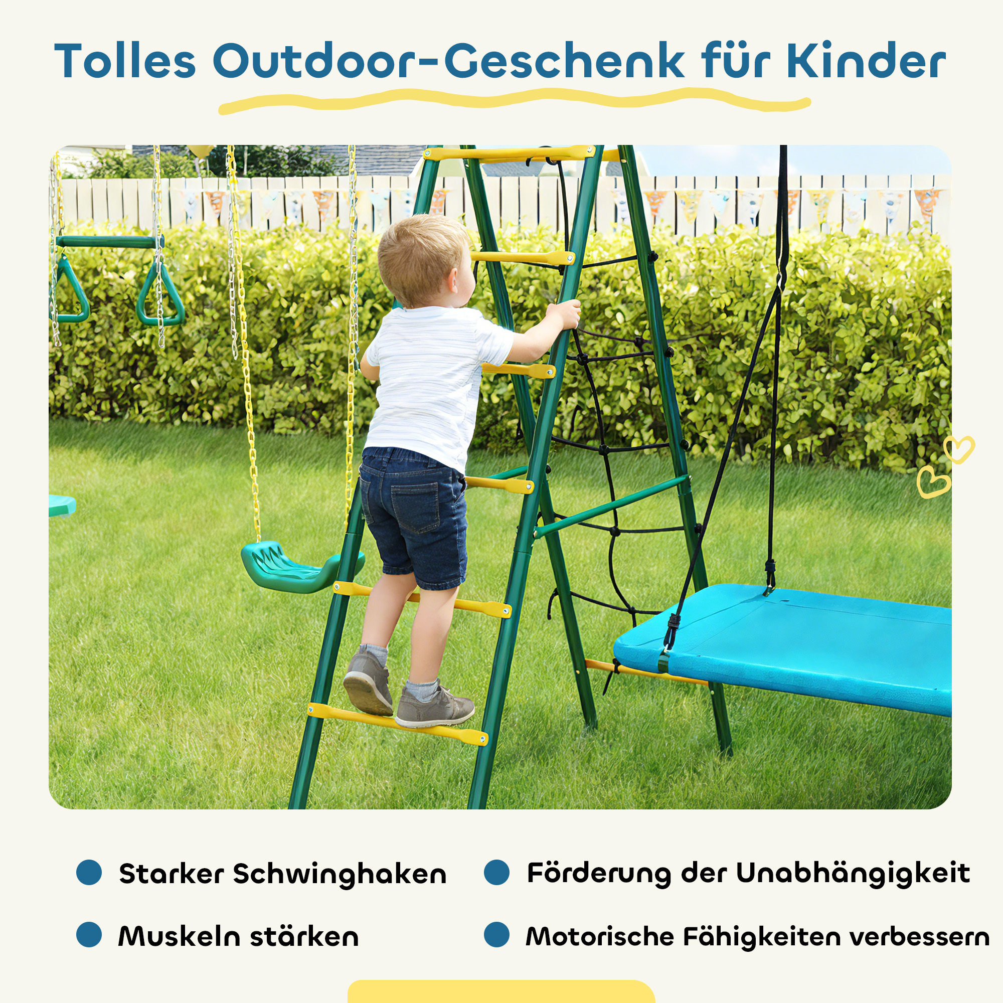 5-in-1 Schaukelgestell mit verstellbarer Nestschaukel Turnringe Doppelsitzer Klettergerüst für 3-8 Jahre 440x175x203 cm