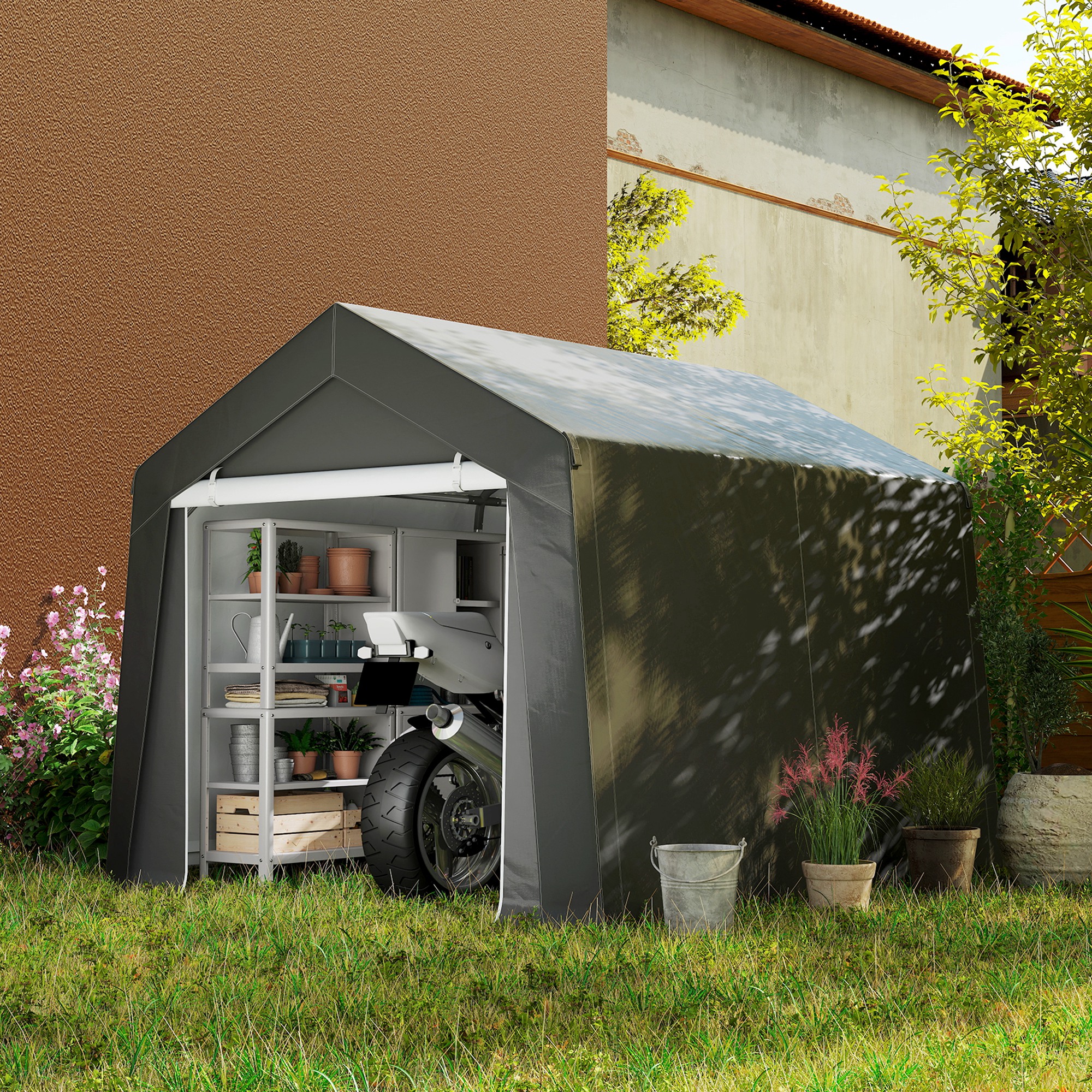 Carport Zeltgarage 3x3 m Wasserdicht Garagenzelt mit Rolltür Belüftungsfenster Verlängerte Kanten Dunkelgrau