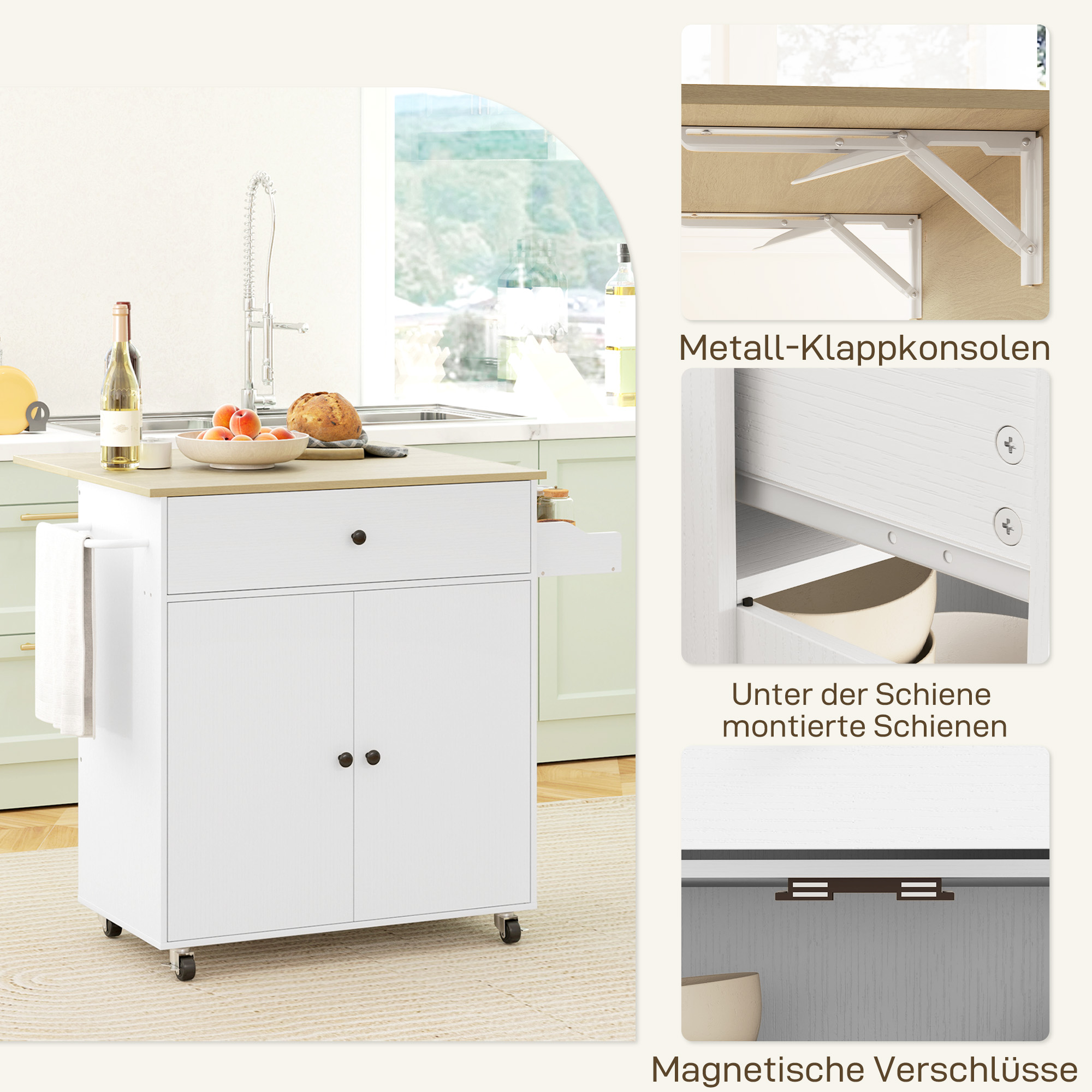 Küchenwagen mit Schublade, Schrankfach, Handtuchstange, 106 x 42 x 87 cm, Weiß/Eiche