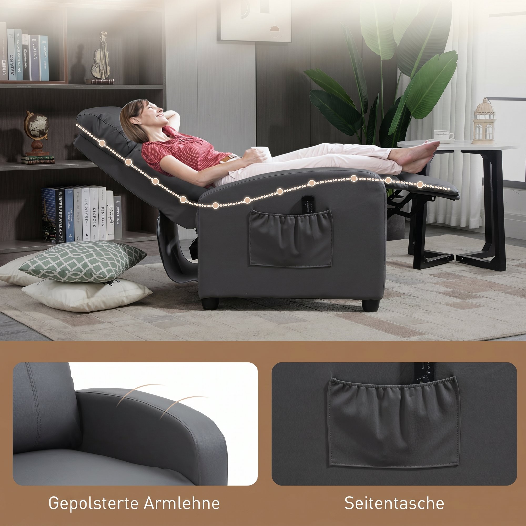 Relaxsessel Fernsehsessel mit Vibrationsmassage, Liegefunktion, 2 Massagepunkte, Fernbedienung, 68 x 88 x 98 cm Grau