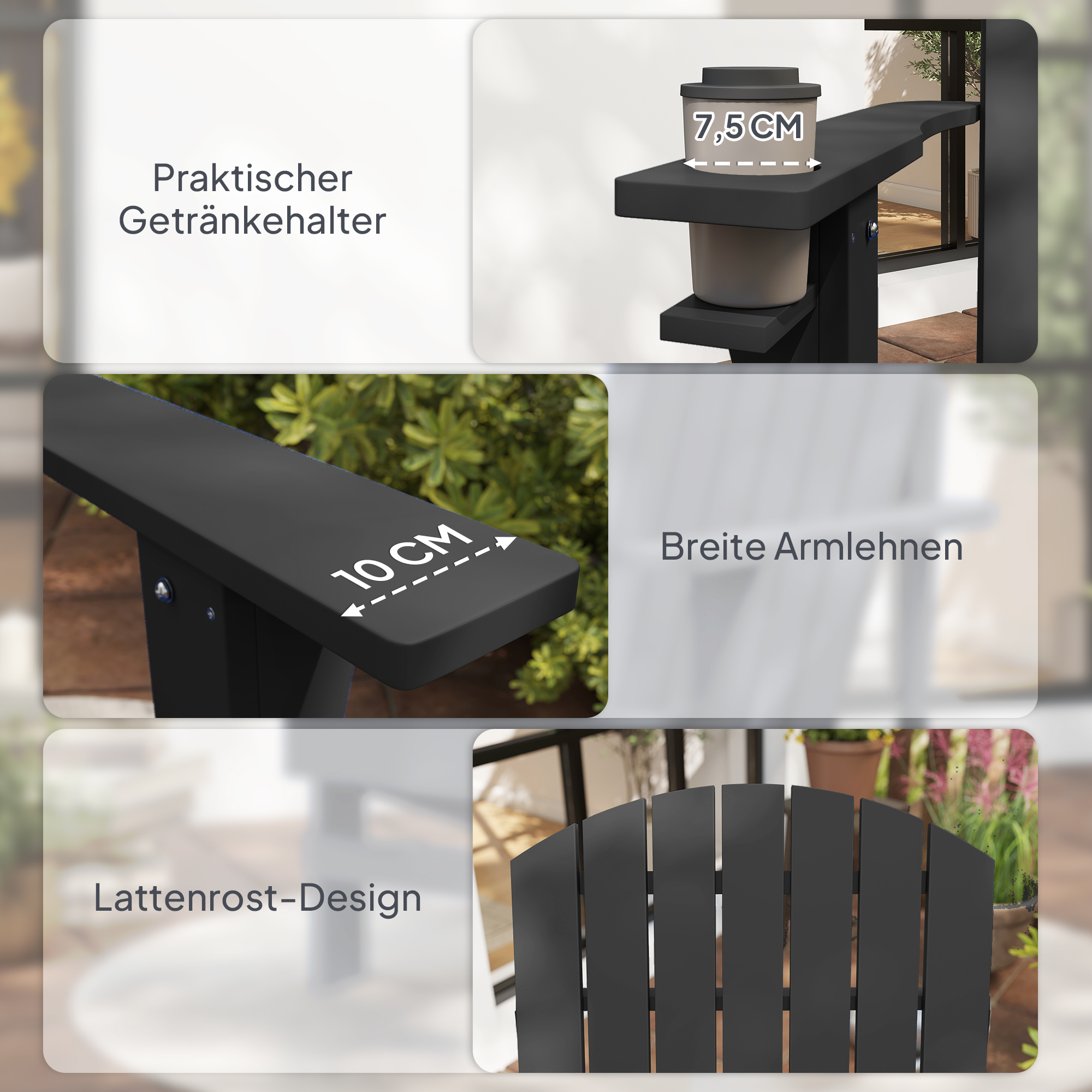 Adirondack-Gartenstuhl mit Becherhalter Gartenliege Balkonstuhl Massivholz Schwarz 72 x 95 x 93 cm